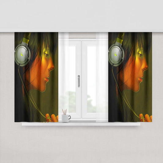Girl Listening Music Peach Skin Window Curtains