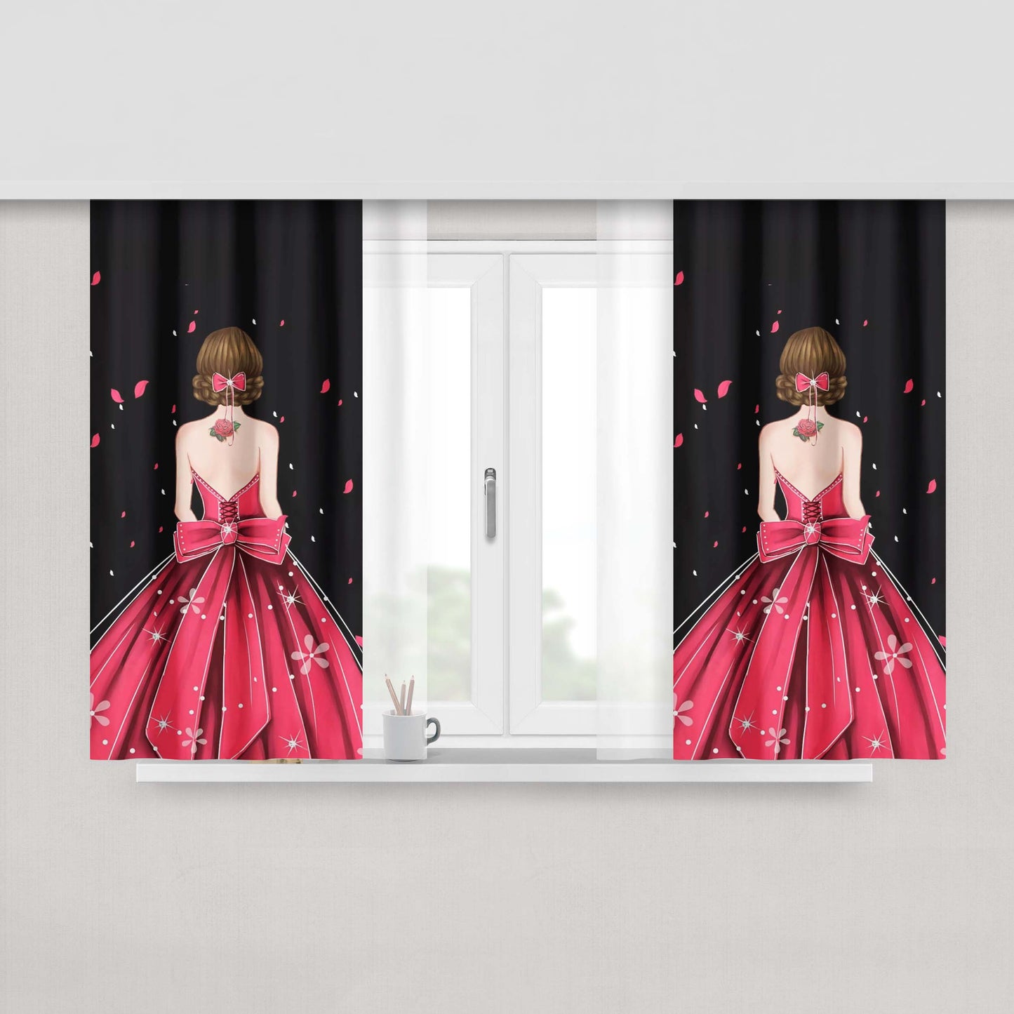 Girl On Dress Black Peach Skin Window Curtains