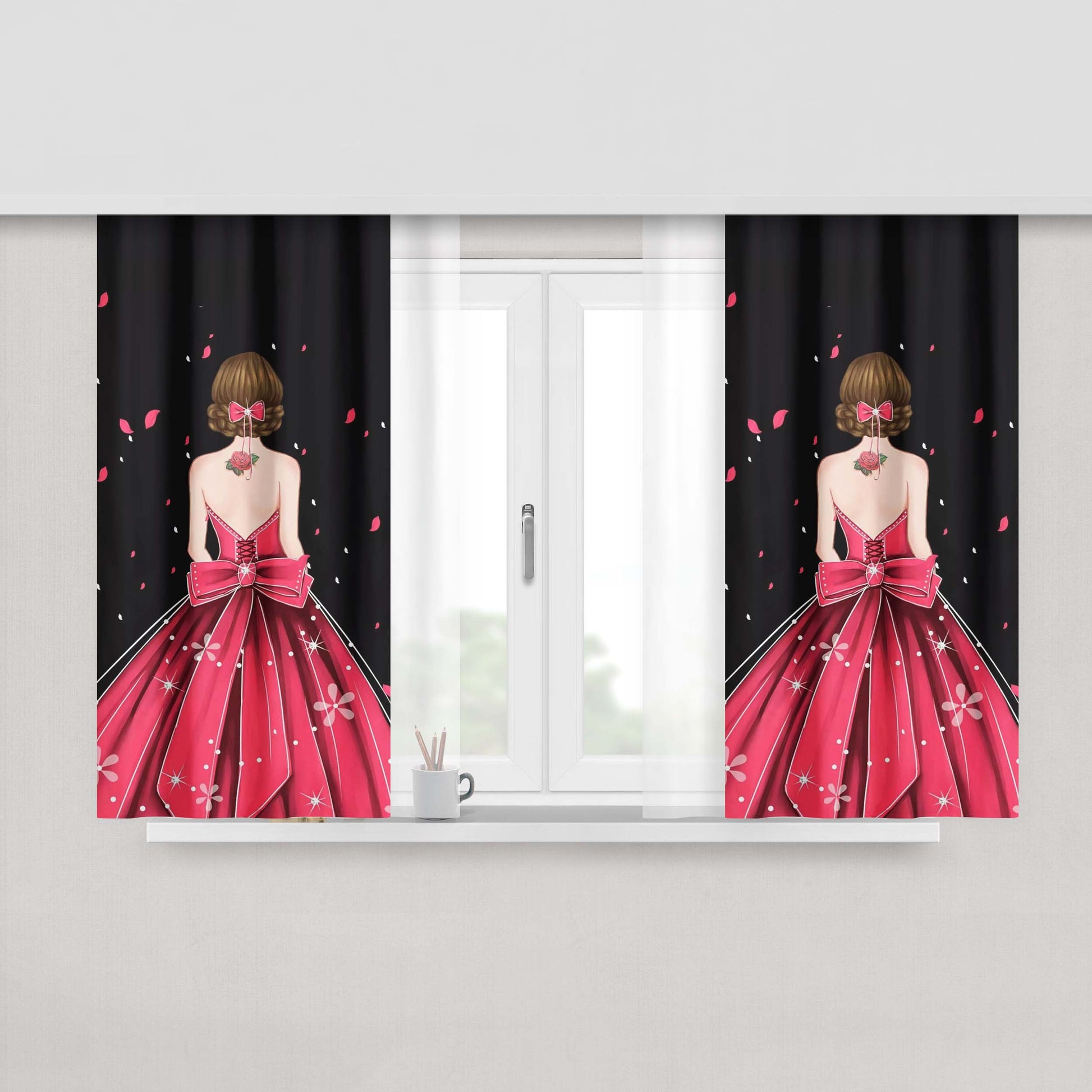 Girl On Dress Black Peach Skin Window Curtains