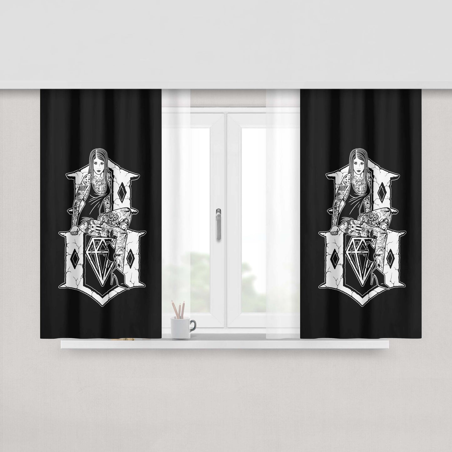 Girl On Rebel Eight Logo Tattoo Peach Skin Window Curtains