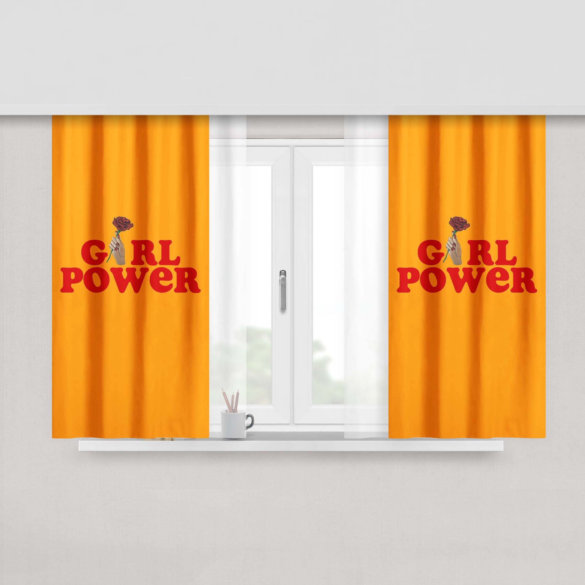 Girl Power Hand With Rose Peach Skin Window Curtains