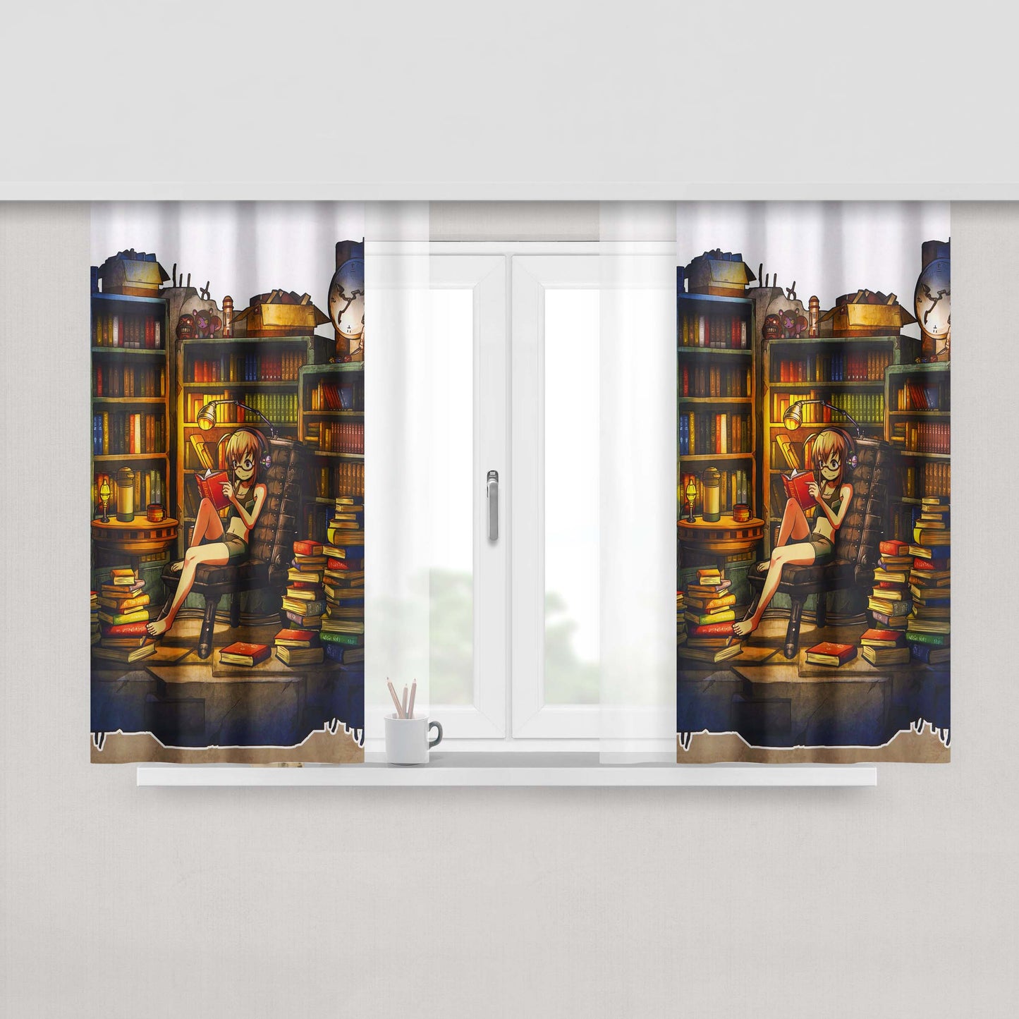Girl Reading In The Library Peach Skin Window Curtains