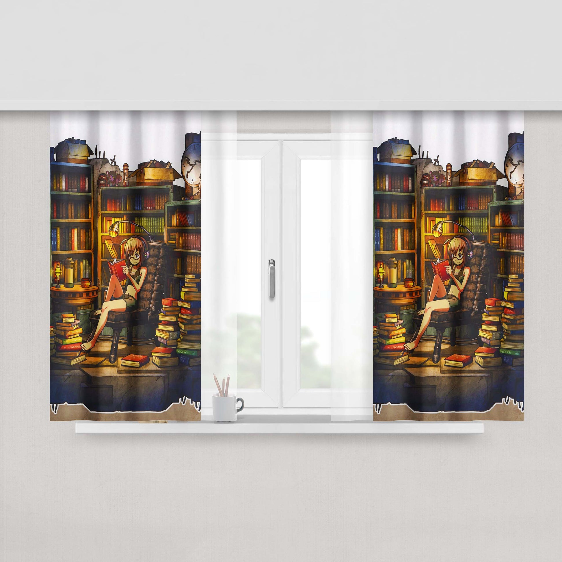 Girl Reading In The Library Peach Skin Window Curtains