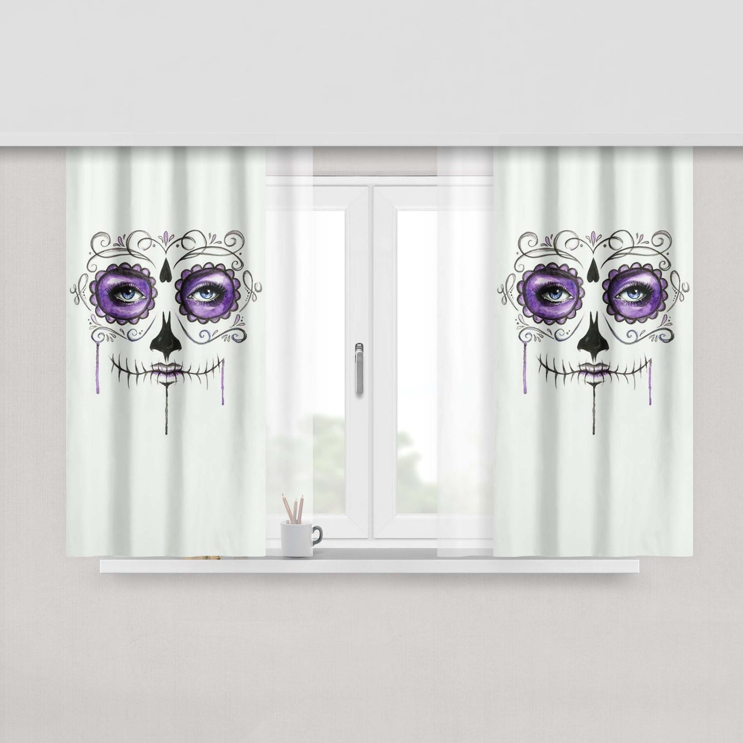 Girl Skull Tattoo Peach Skin Window Curtains
