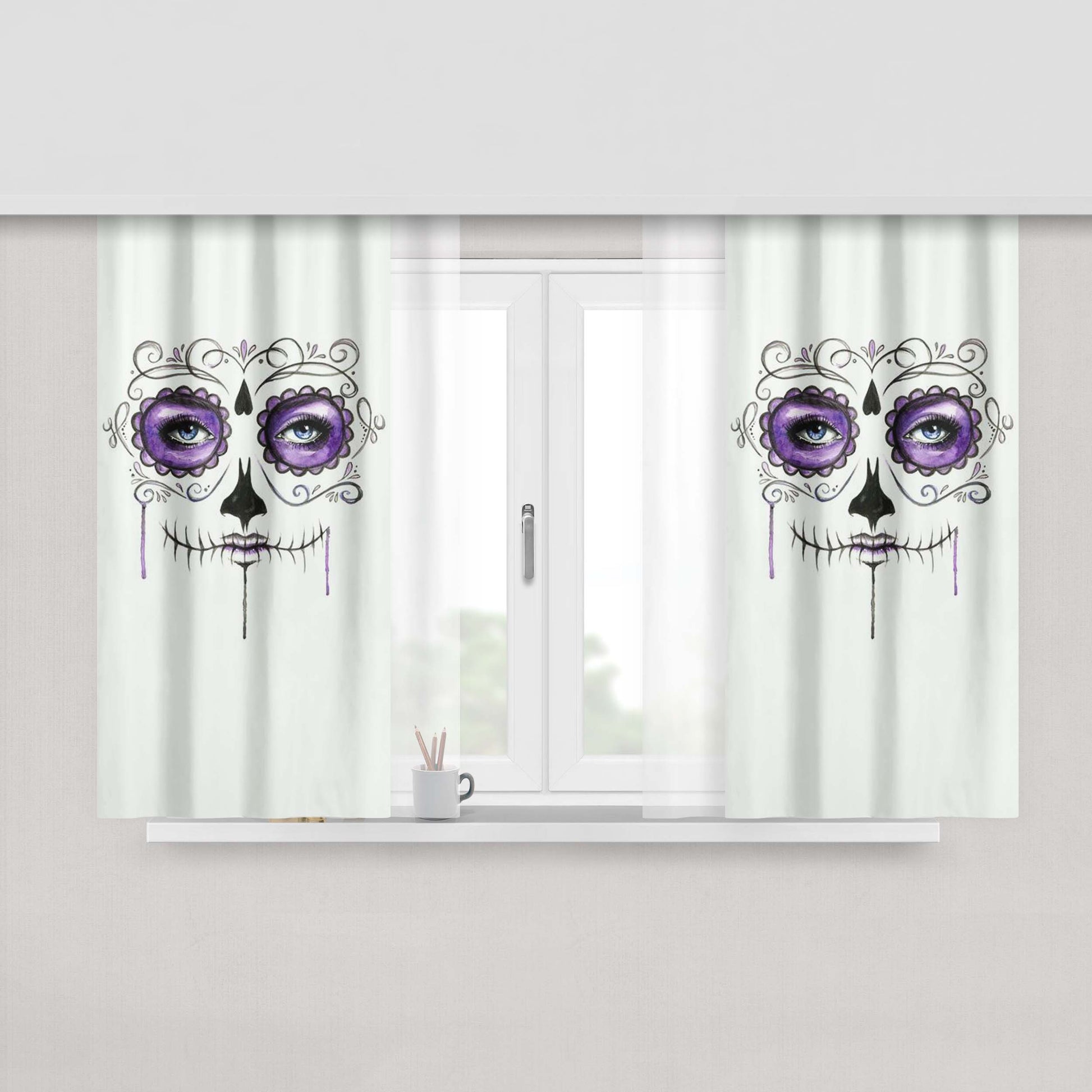 Girl Skull Tattoo Peach Skin Window Curtains