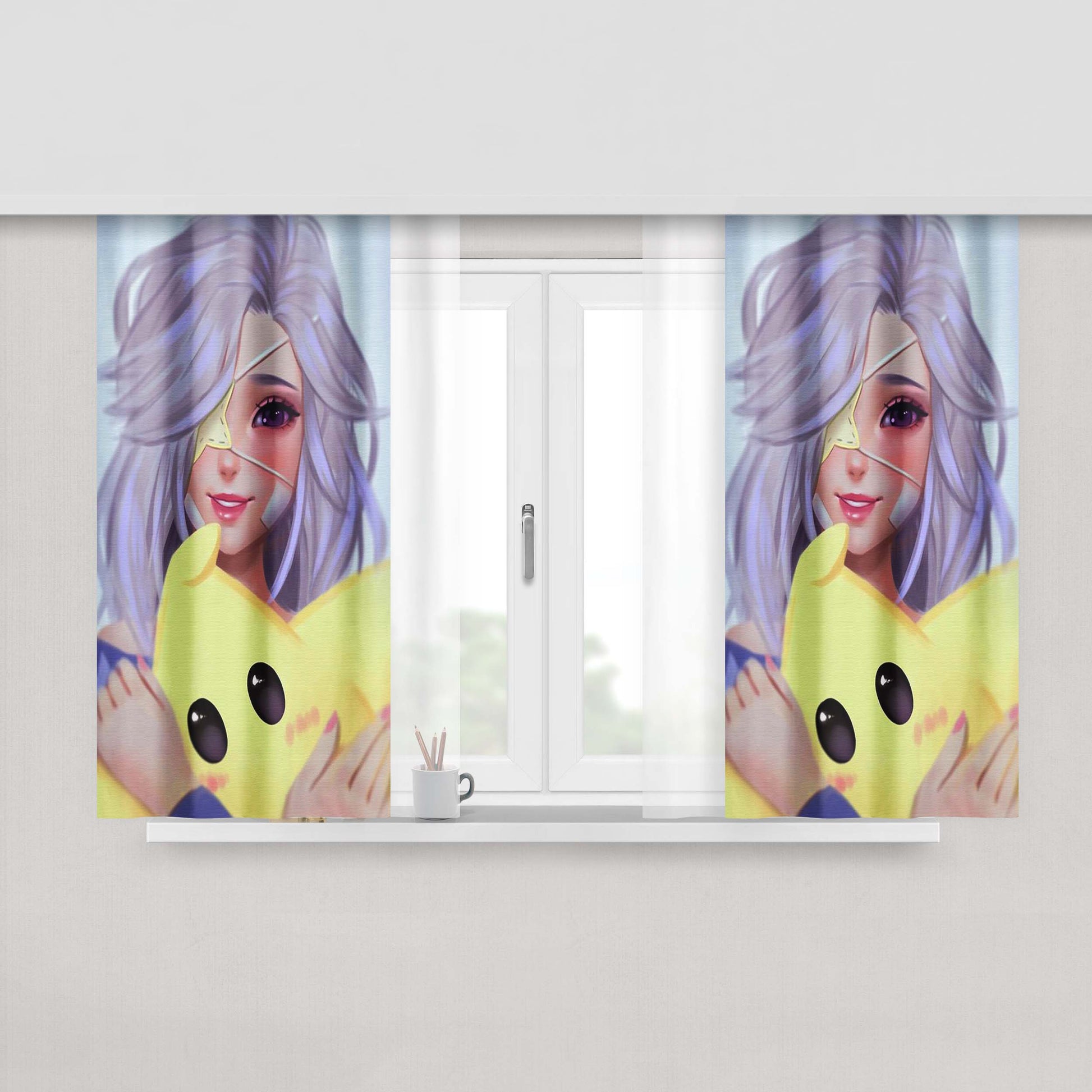 Girl White Hair And Star Drawing Peach Skin Window Curtains