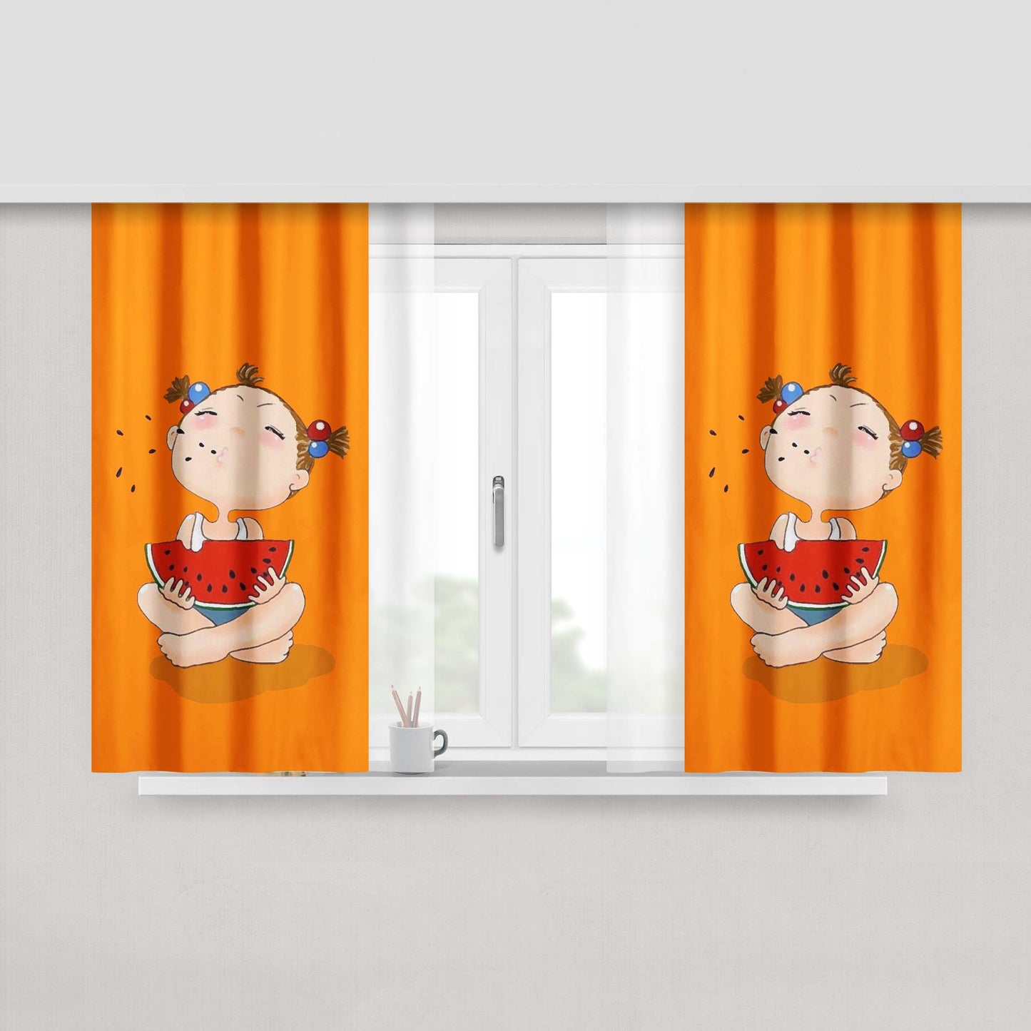 Girl Who Eats Watermelon Peach Skin Window Curtains