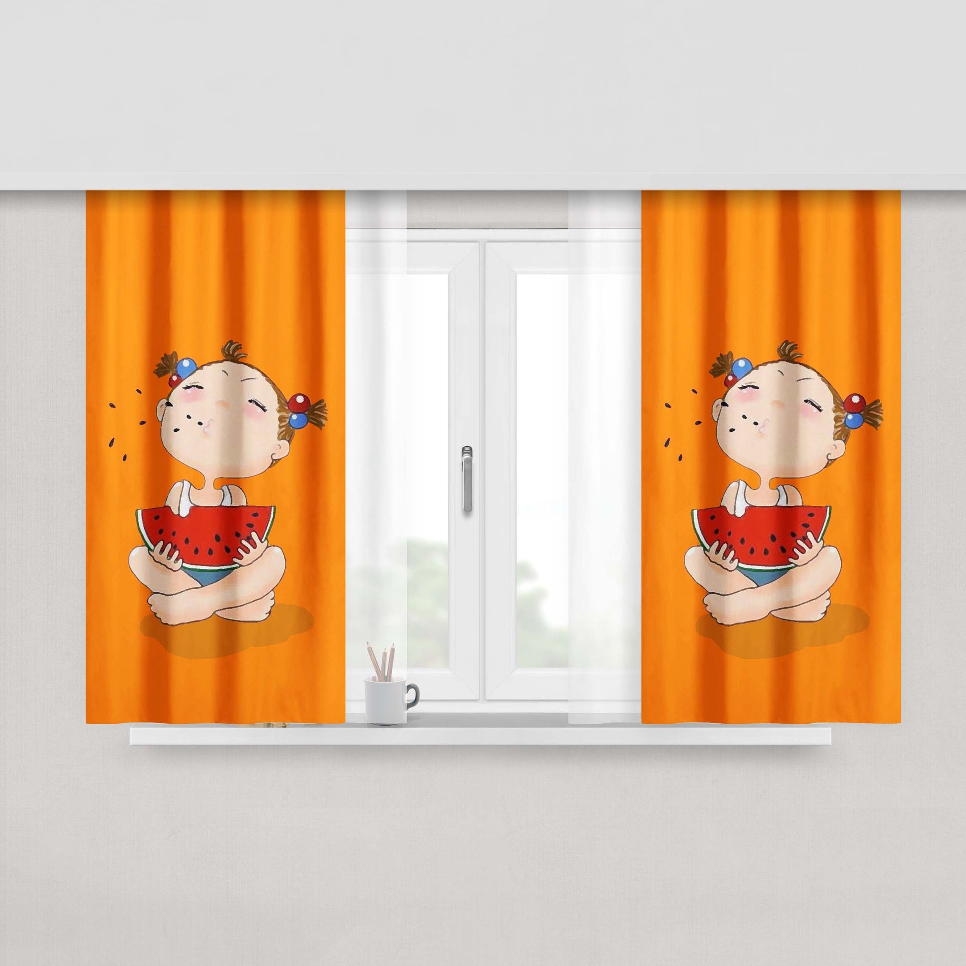 Girl Who Eats Watermelon Peach Skin Window Curtains