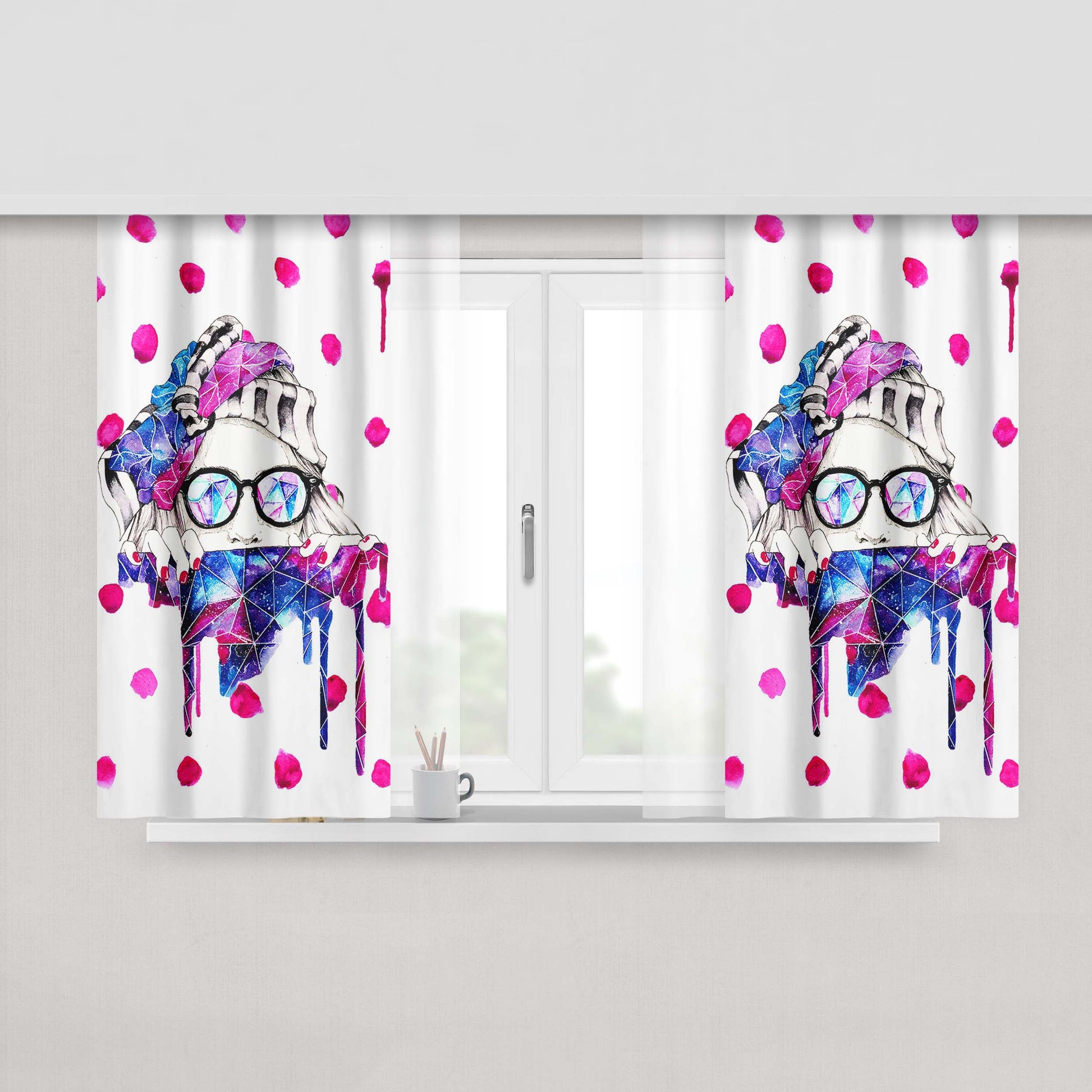 Girl With Glasses Dots And Galaxy Painting Peach Skin Window Curtains