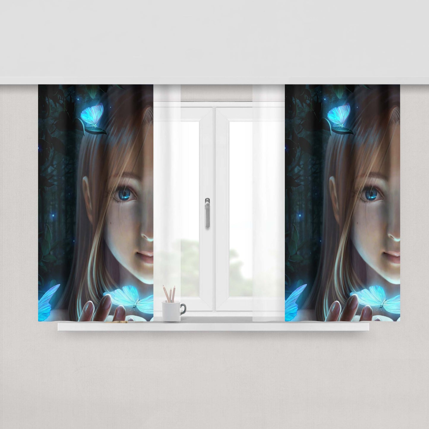 Girls And Butterfly Night Blues Peach Skin Window Curtains