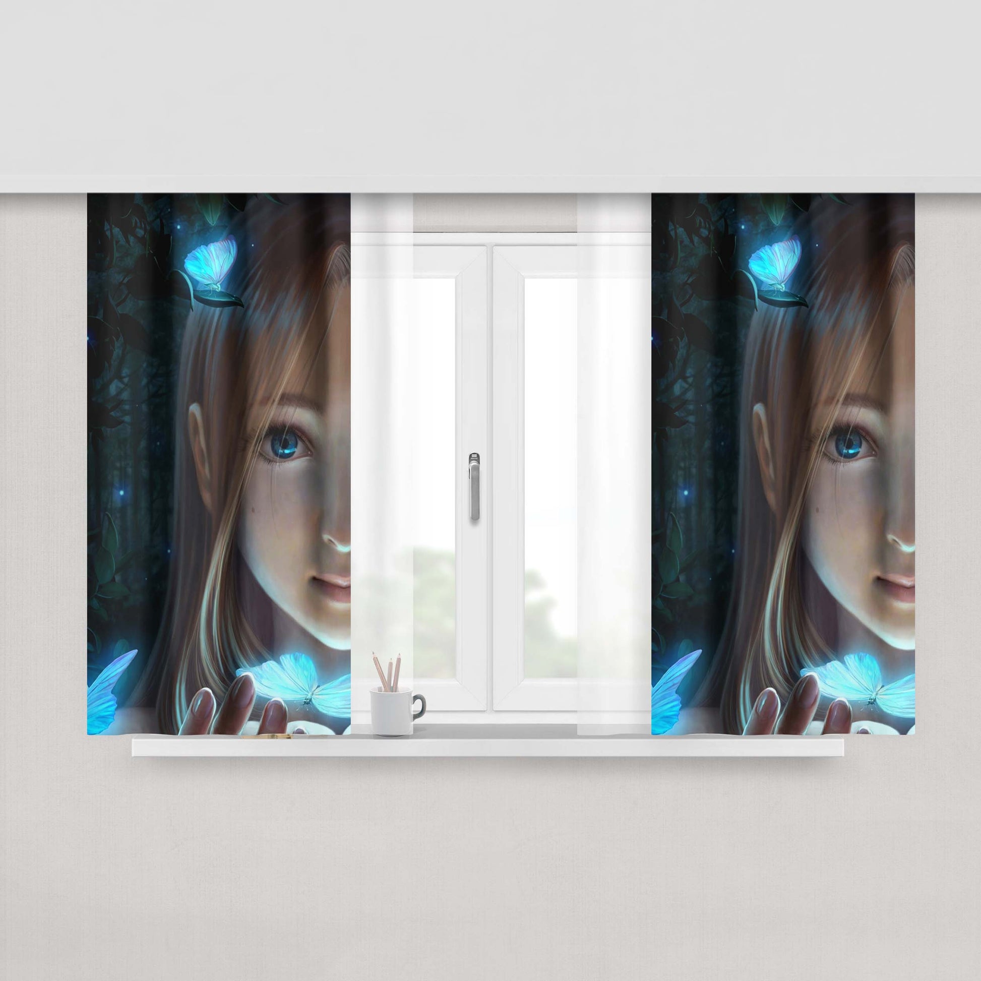 Girls And Butterfly Night Blues Peach Skin Window Curtains