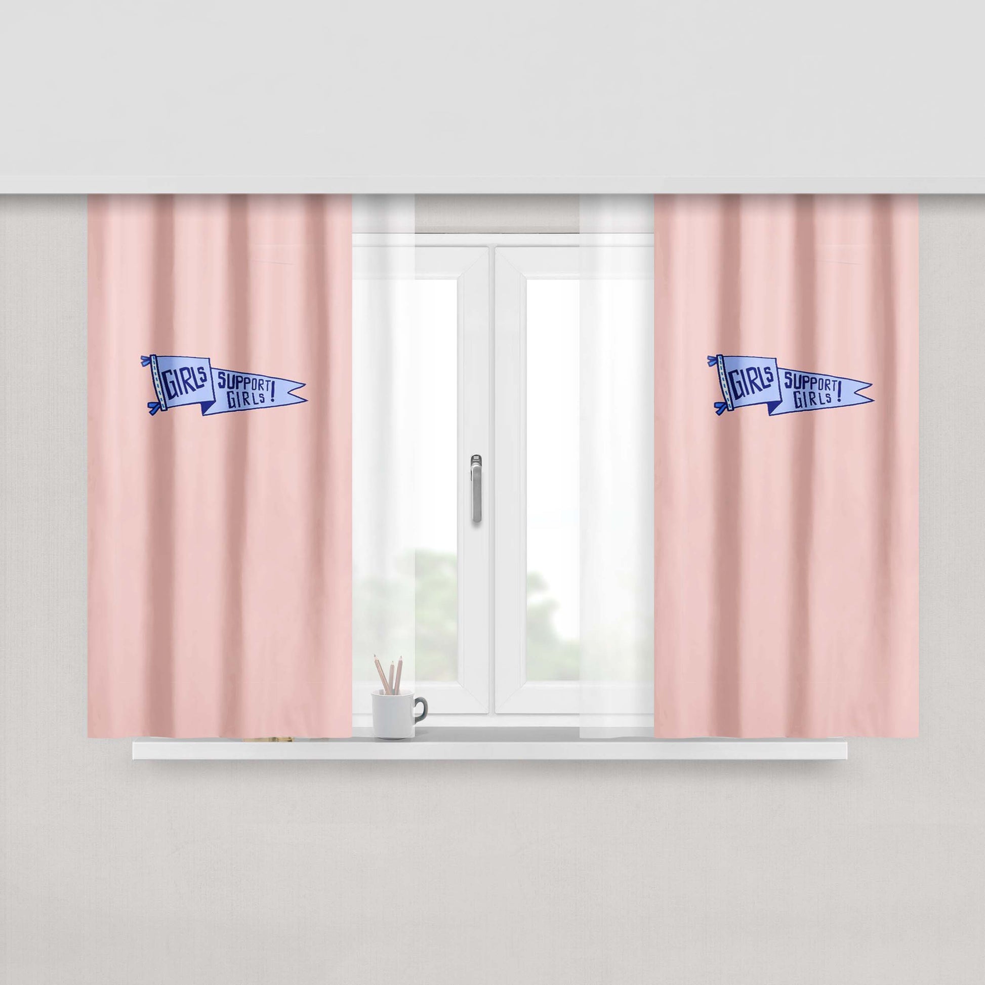 Girls Support Girls Girl Power Pink Peach Skin Window Curtains