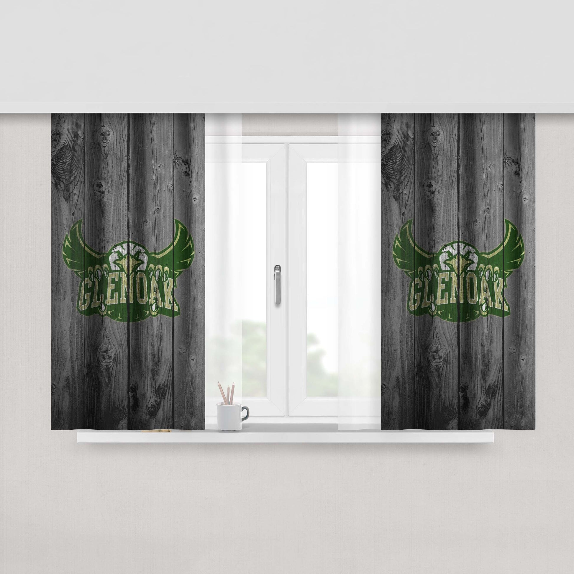 Glenoak Golden Eagles Logo Dark Wood Wallpaper Peach Skin Window Curtains