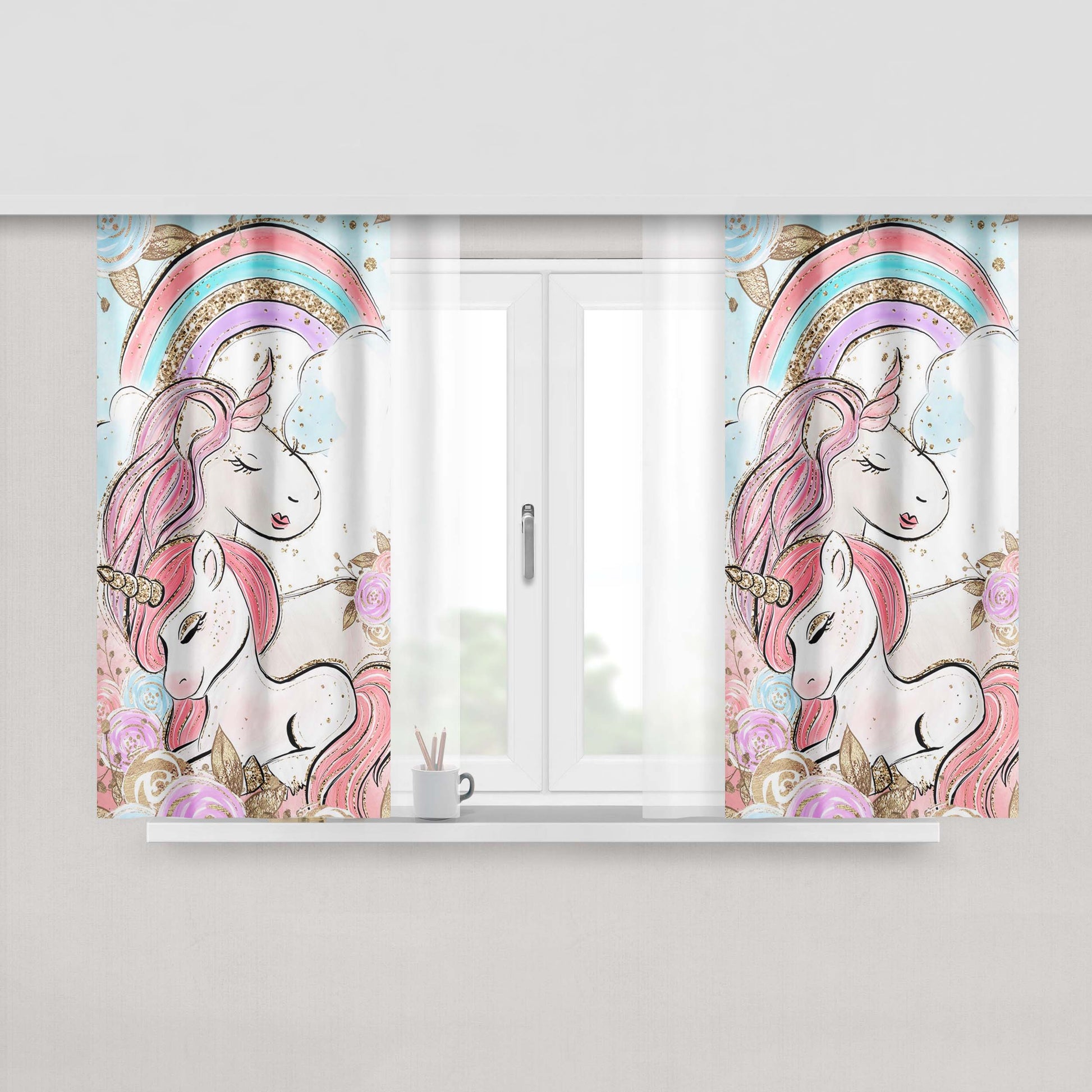 Glitter Rainbow Unicorn Peach Skin Window Curtains