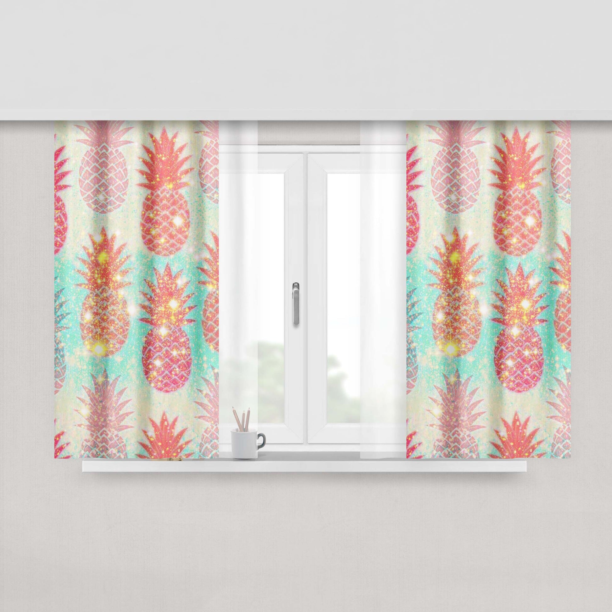 Glittery Coral Pineapples August Peach Skin Window Curtains