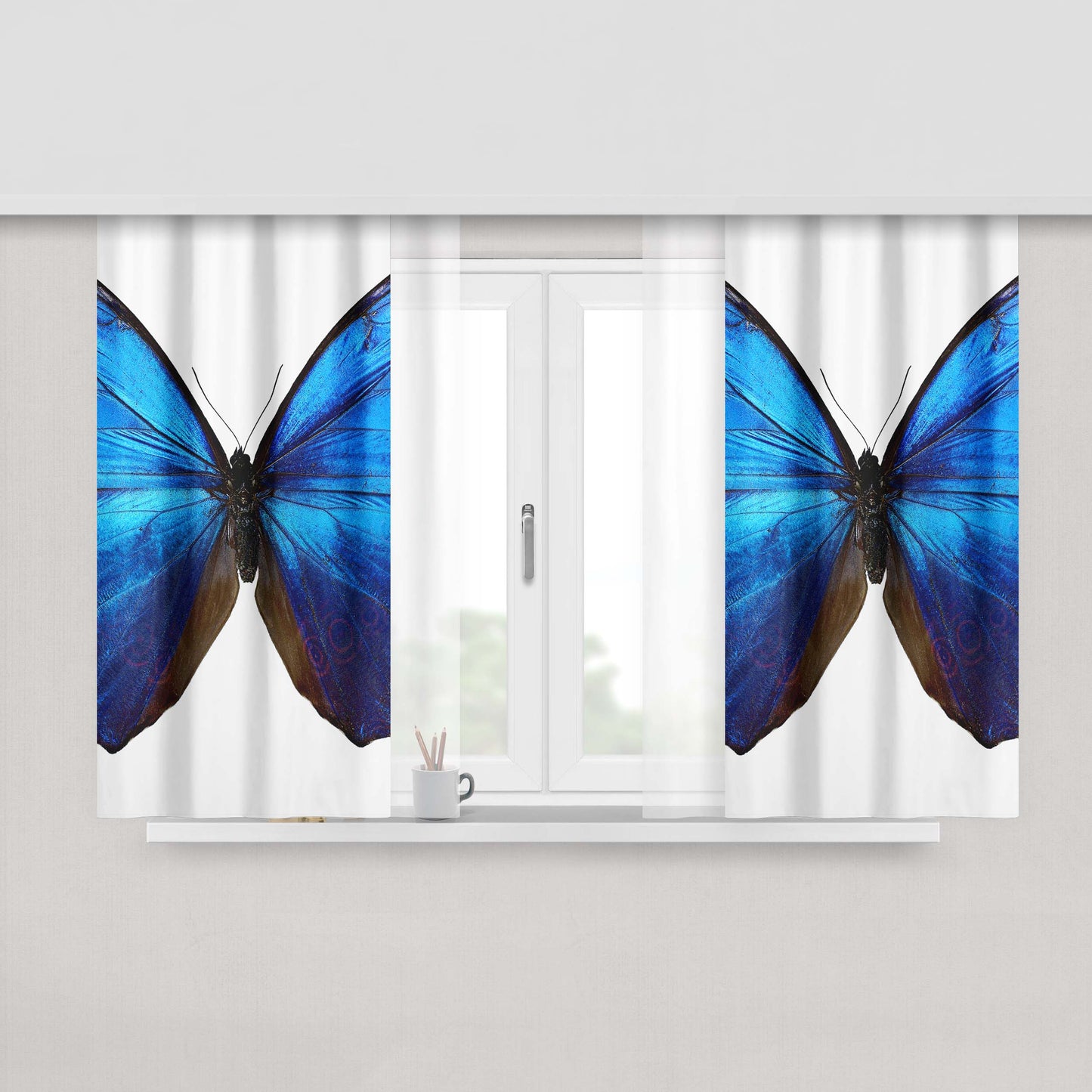 Glowing Blue Butterfly Peach Skin Window Curtains