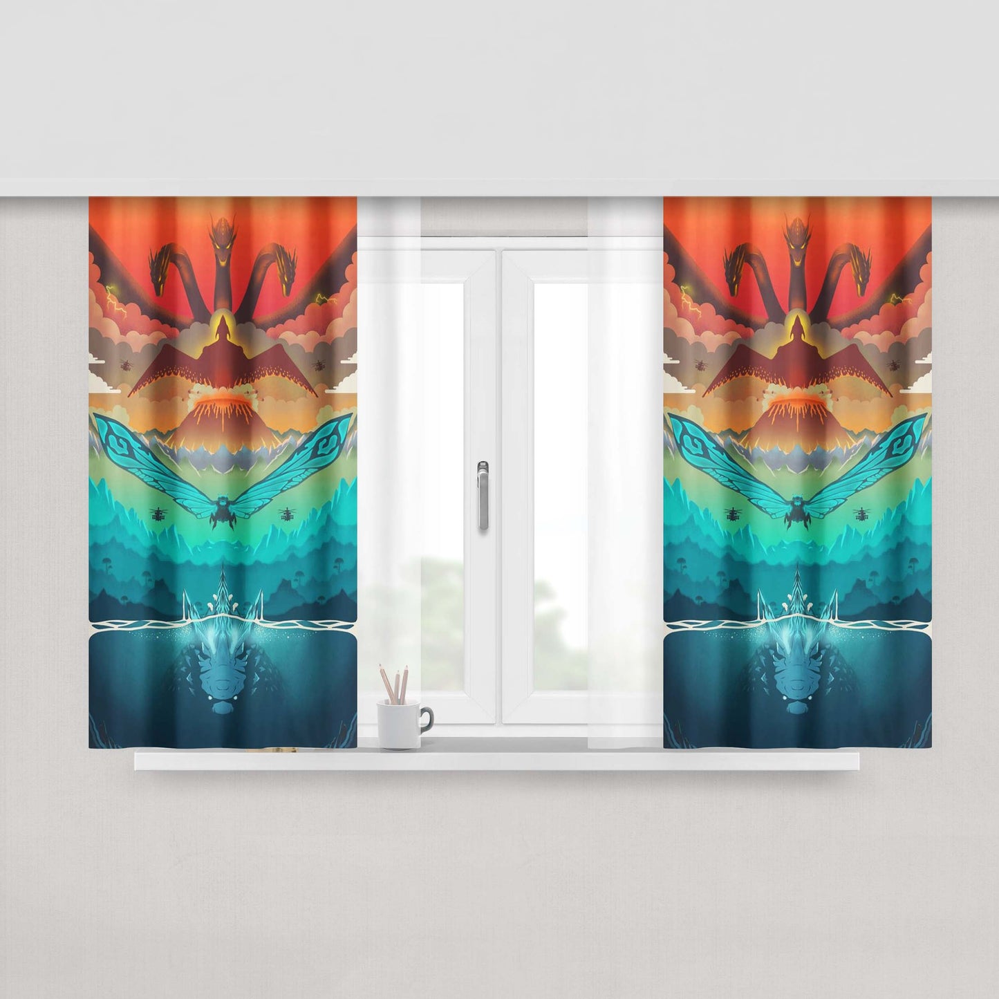 Godzilla All Monsters Art Peach Skin Window Curtains