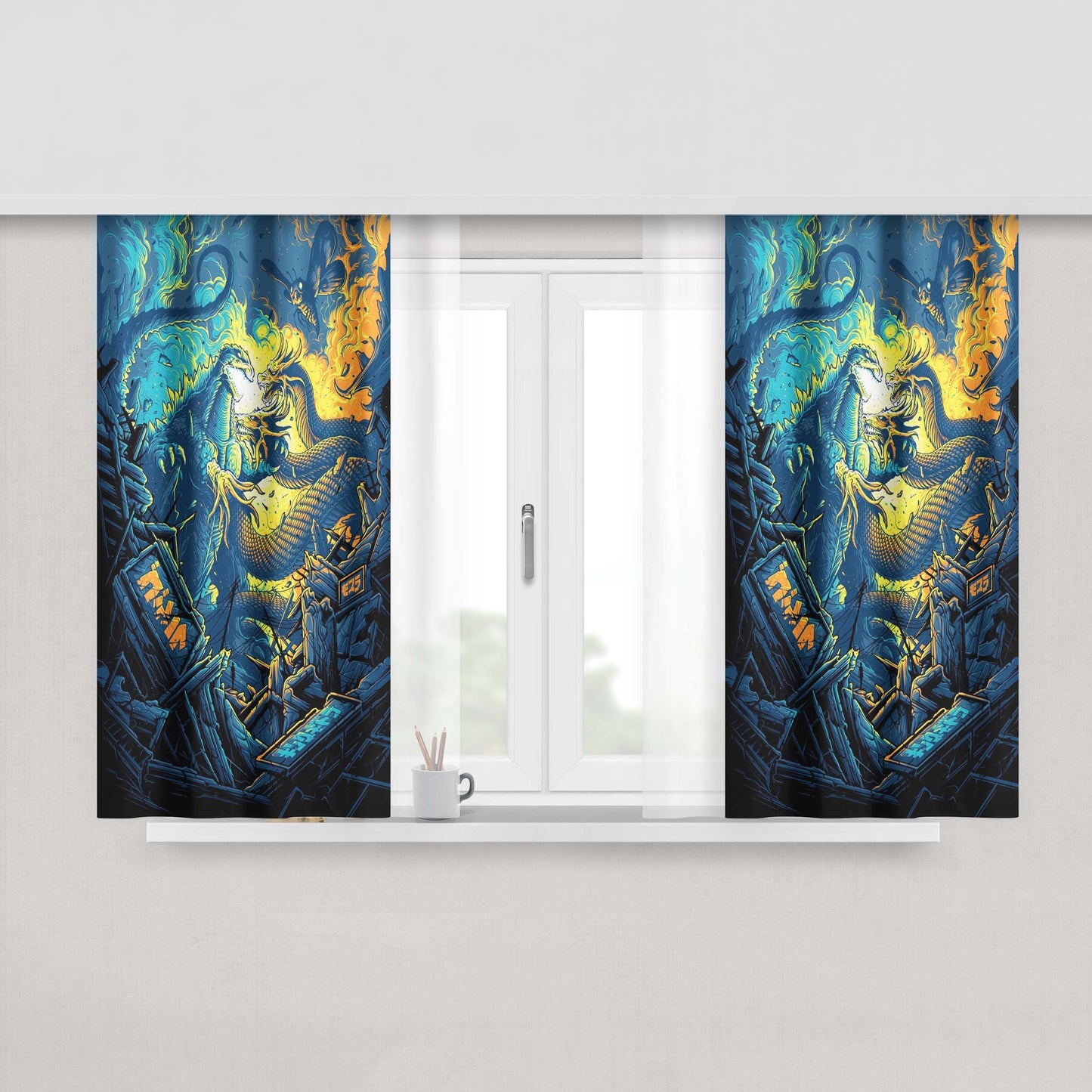 Godzilla Dan Mumford Peach Skin Window Curtains