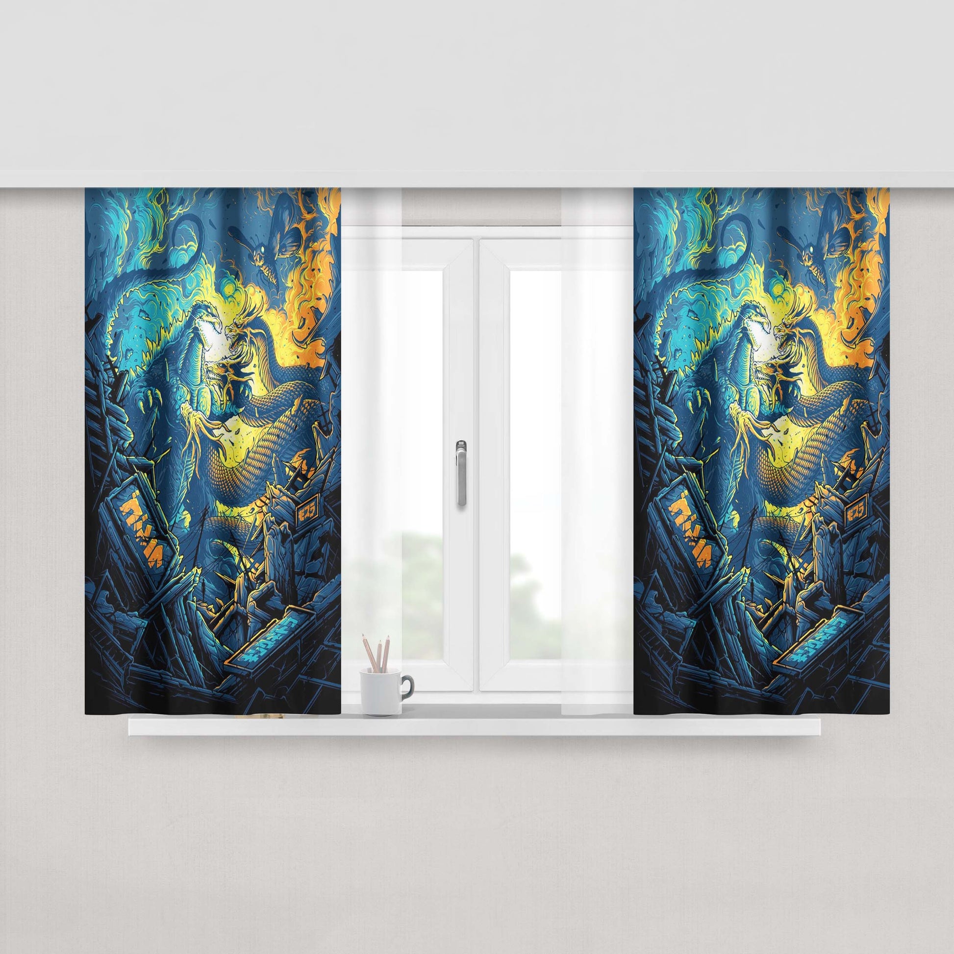Godzilla Dan Mumford Peach Skin Window Curtains