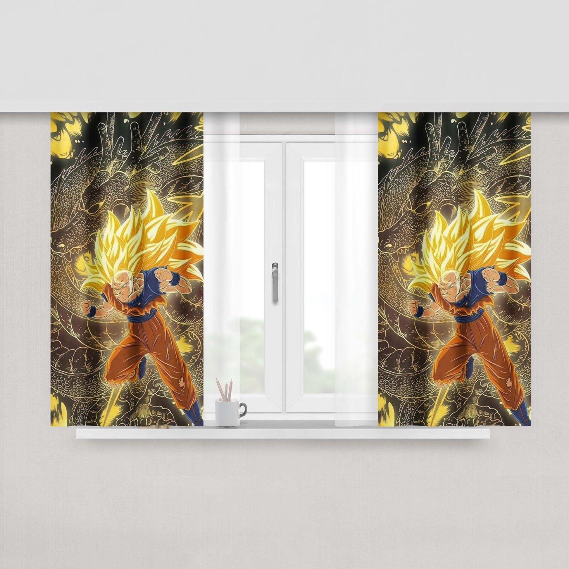 Goku Super Saiyan Jin 3 And Gold Dragon Shenron Peach Skin Window Curtains