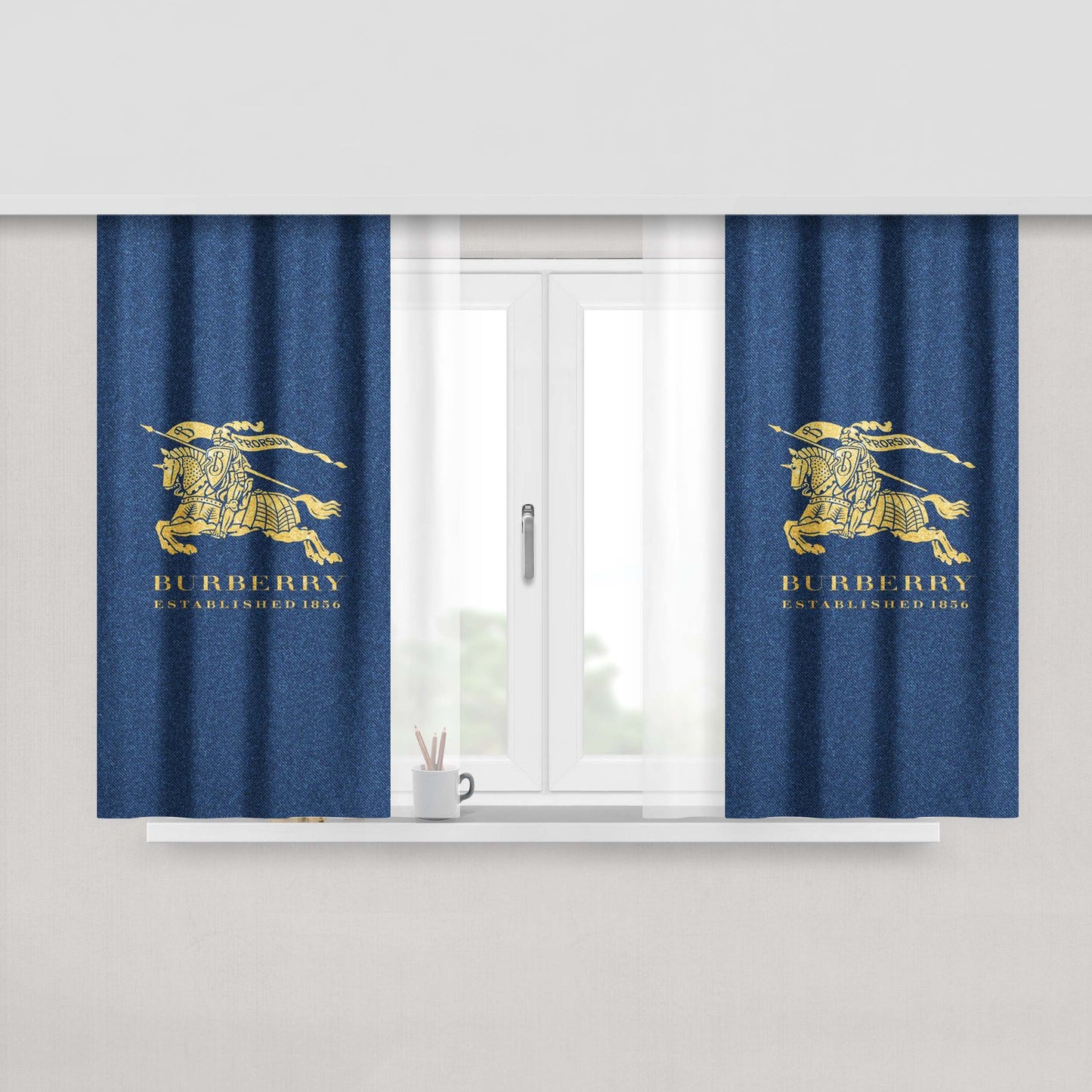 Gold Burberry On Blue Glitter Peach Skin Window Curtains