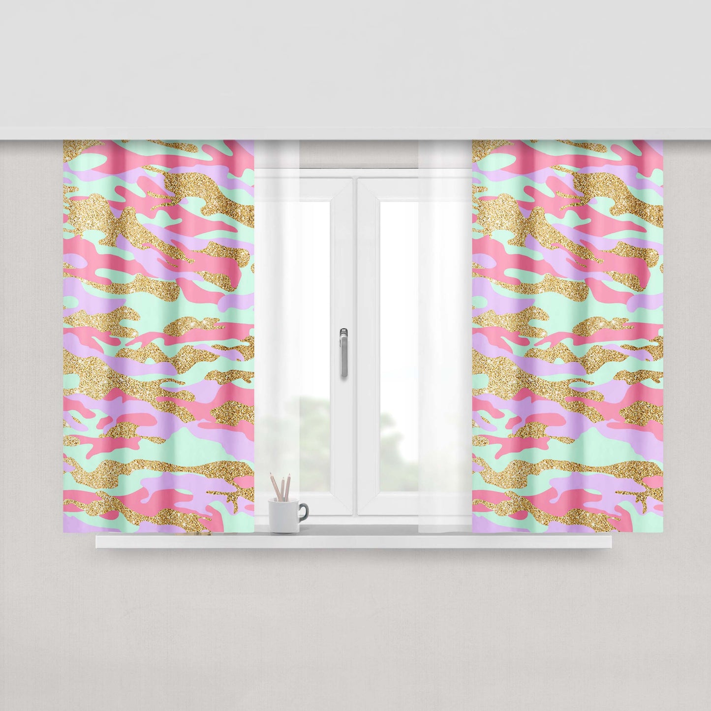 Gold Glitter X Pastel Tye Dye Peach Skin Window Curtains