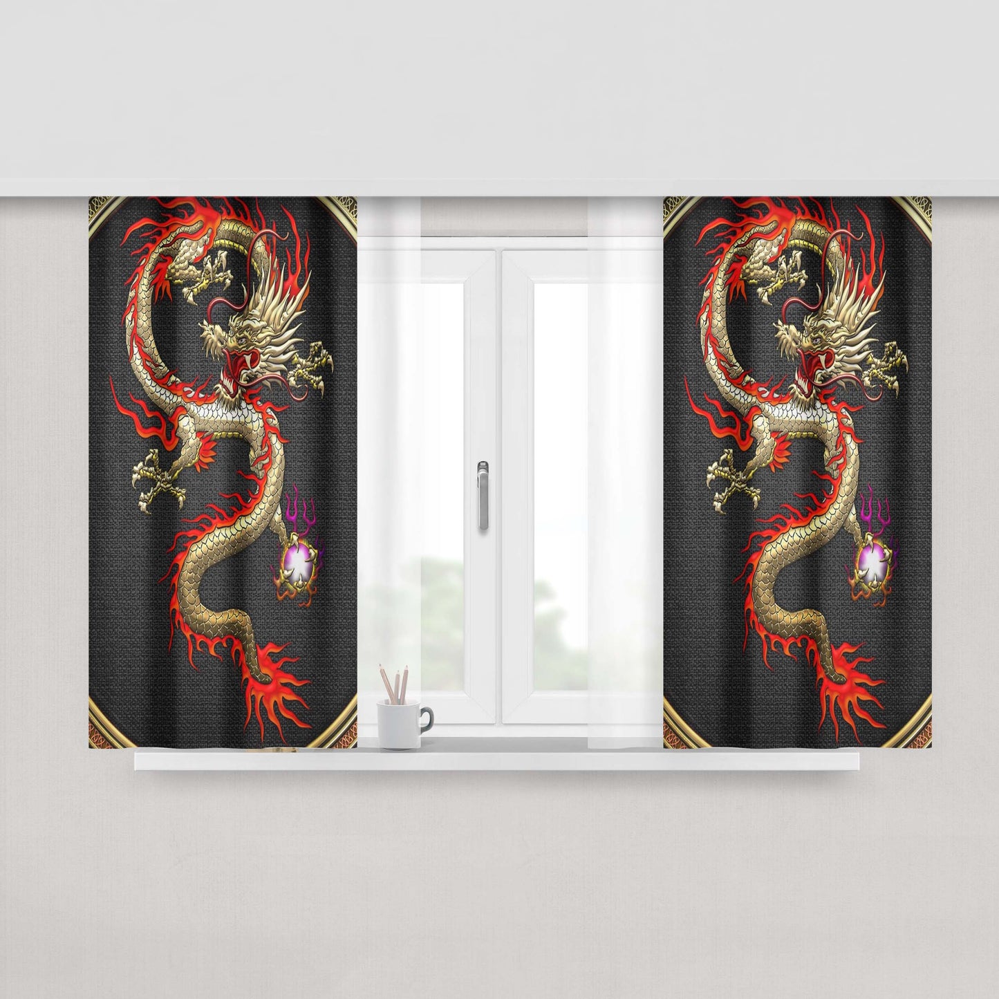 Golden Chinese Dragon Fucanglong Peach Skin Window Curtains