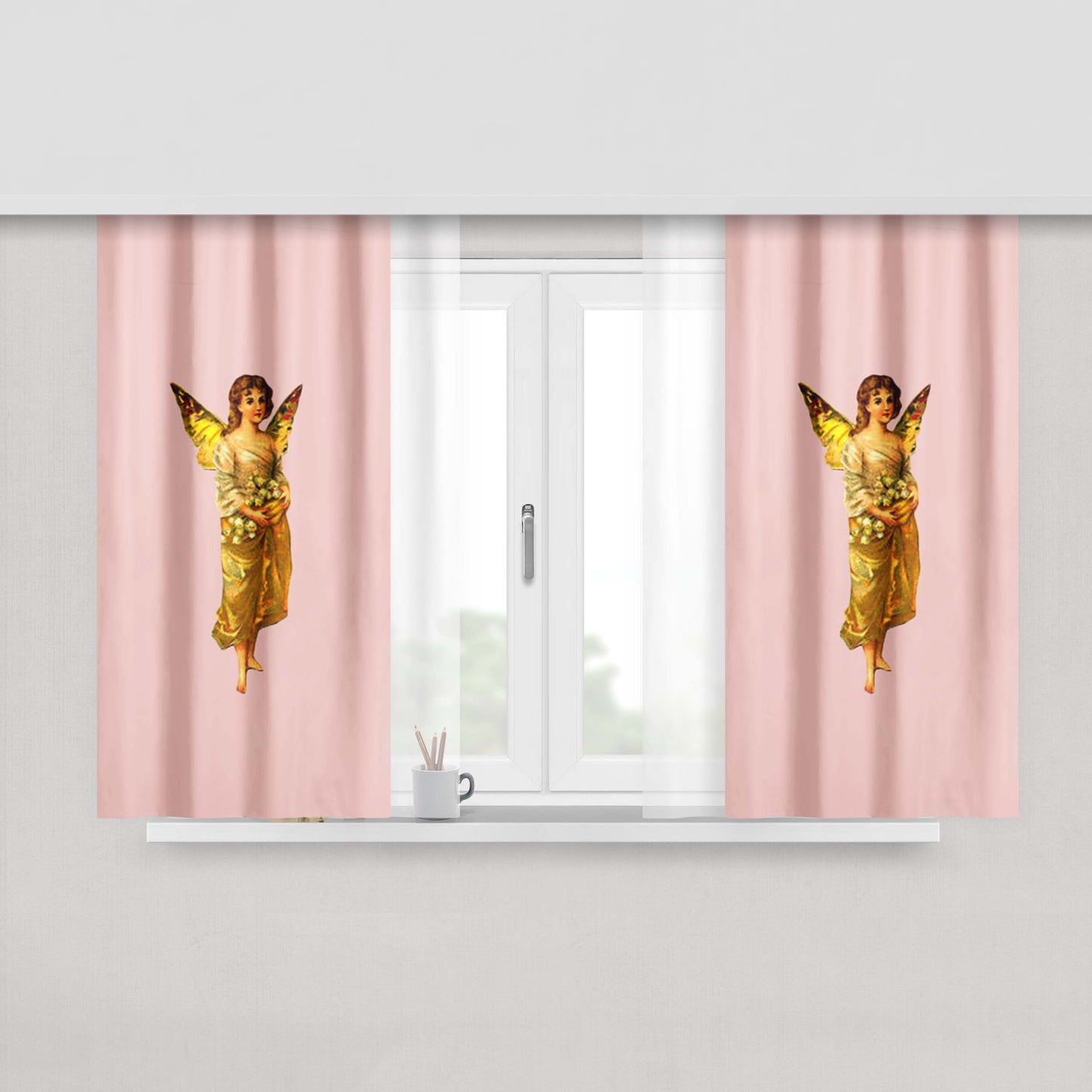 Golden Fairy Vintage Illustration Child Image Wings Peach Skin Window Curtains