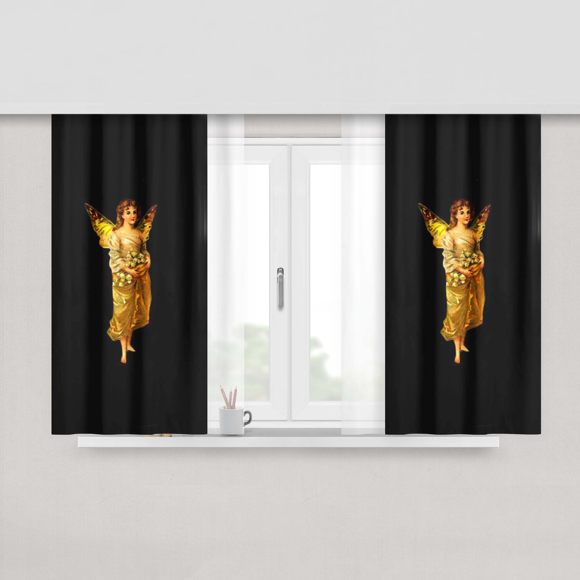 Golden Fairy Vintage Illustration Peach Skin Window Curtains
