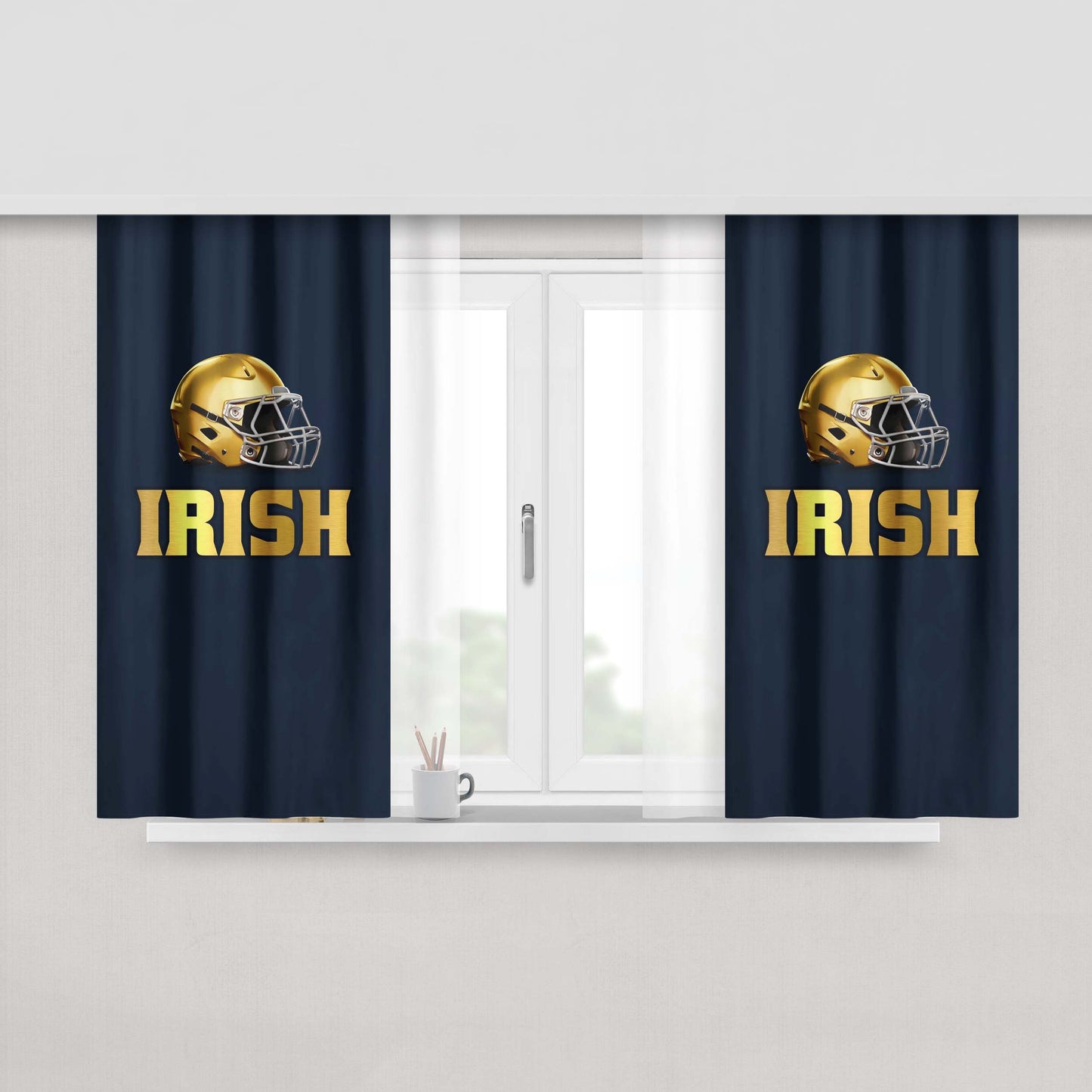 Golden Irish Helmet Blue Wallpaper Peach Skin Window Curtains