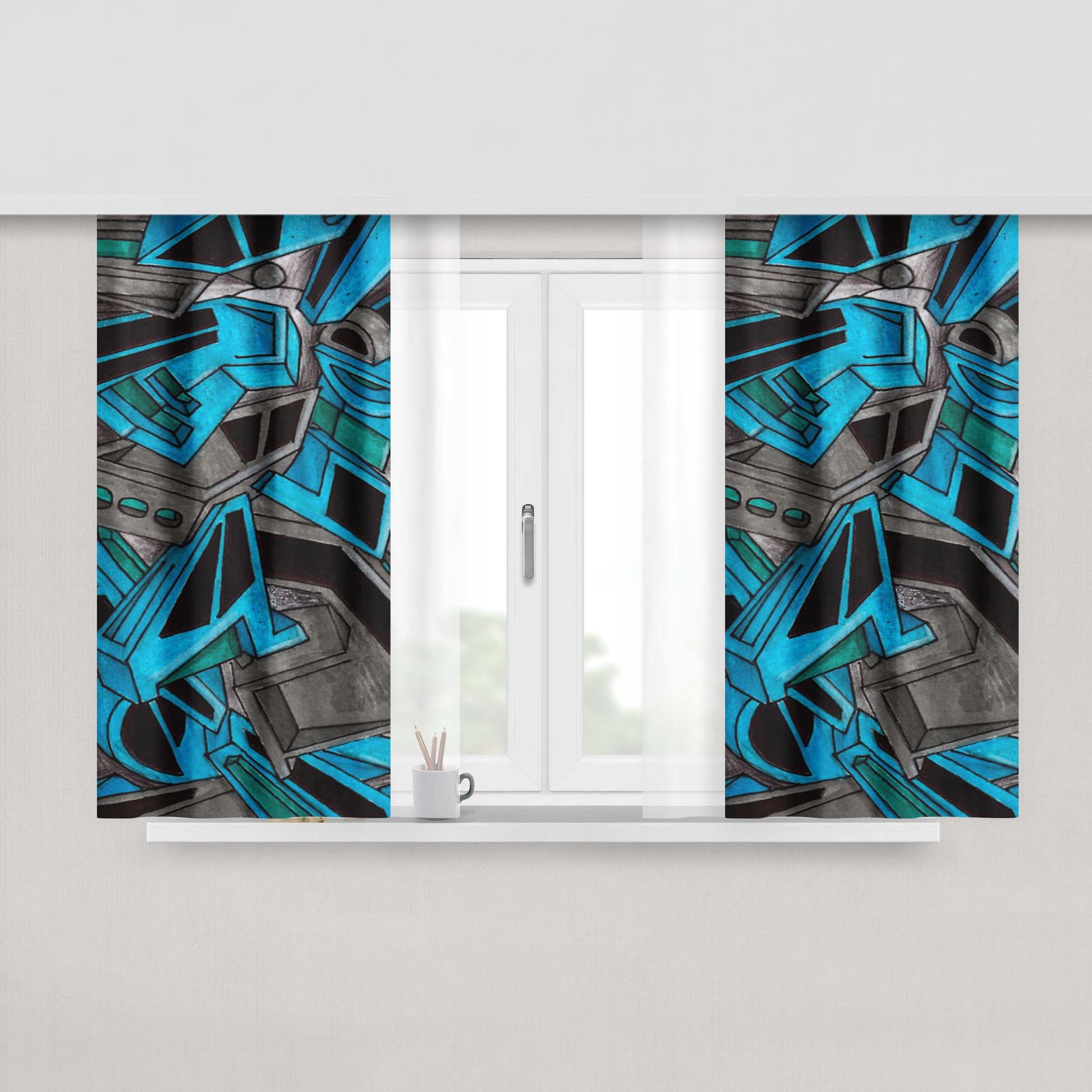 Graffiti Blue And Grey Peach Skin Window Curtains