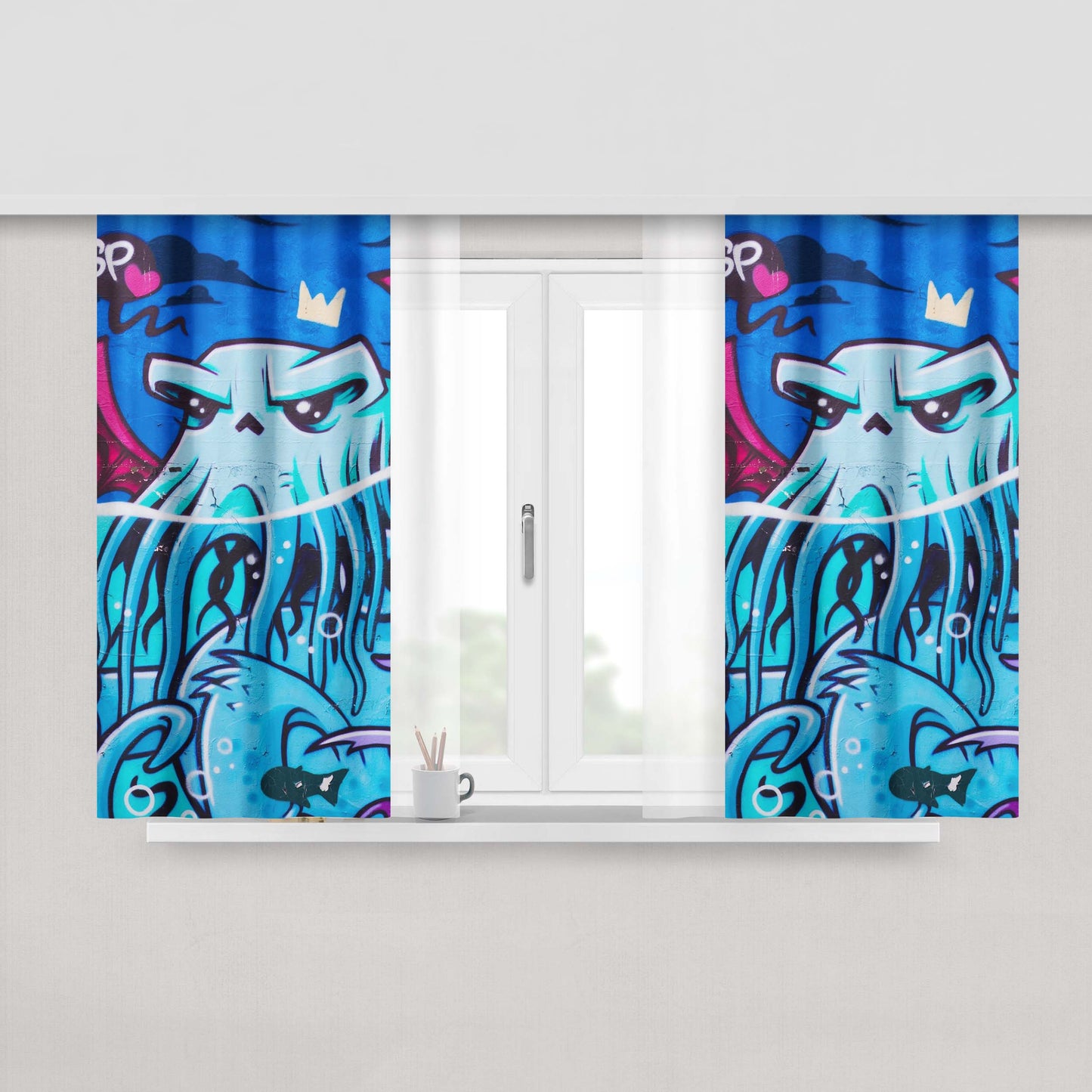 Graffiti Cthulhu Wallpaper Peach Skin Window Curtains