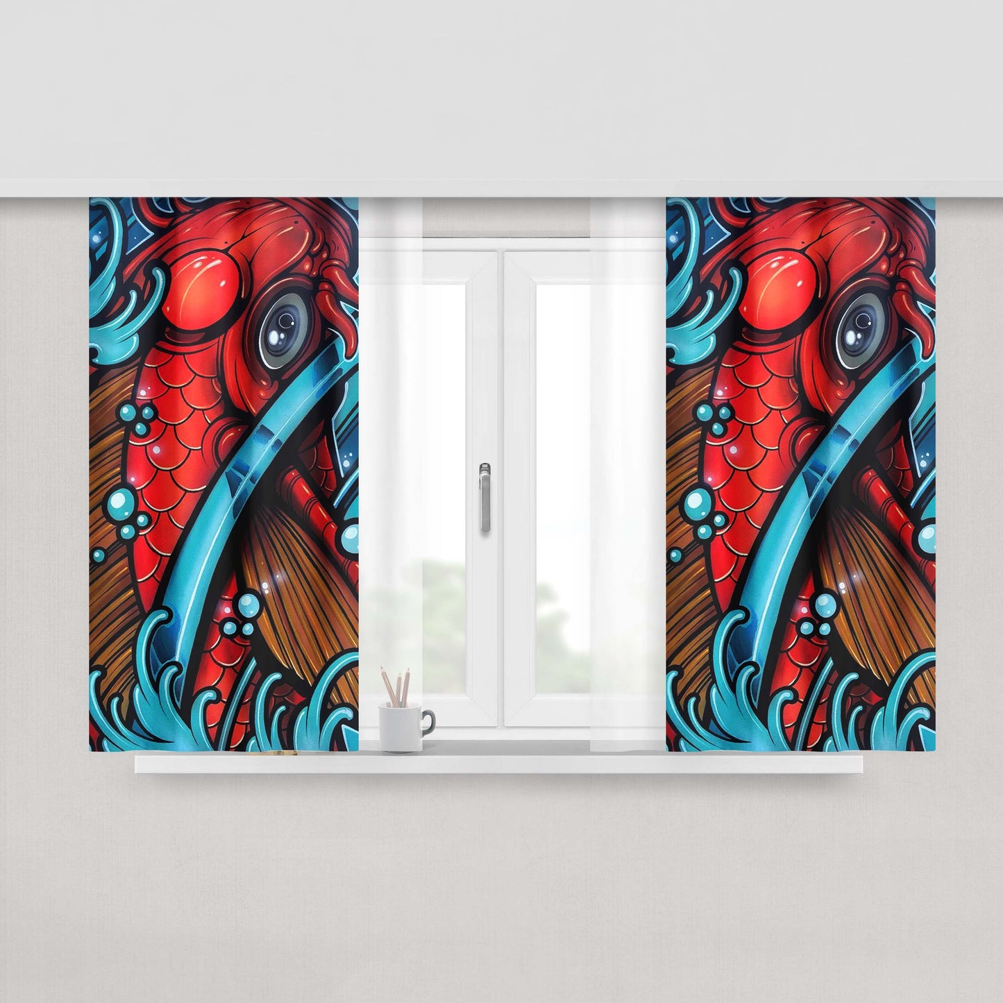 Graffiti Fish Koi Red Peach Skin Window Curtains