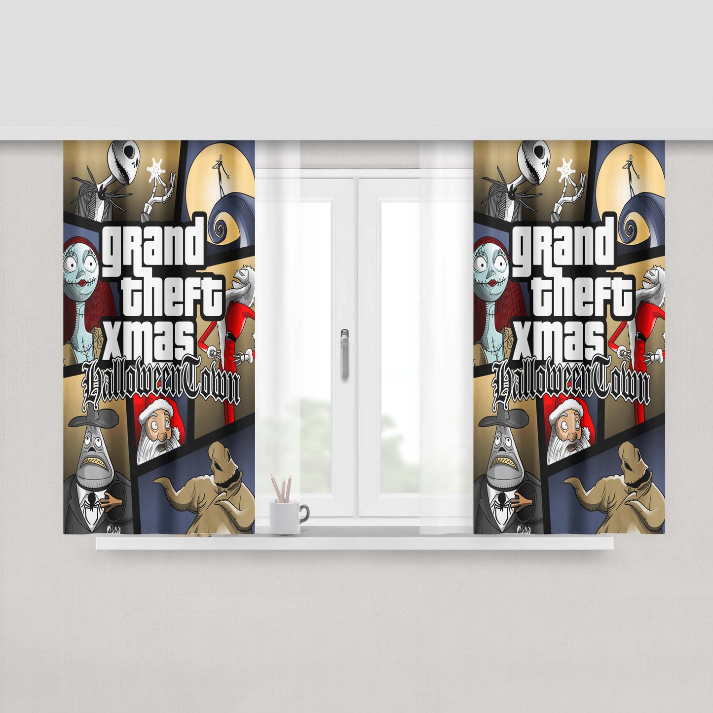 Grand Theft Xmas Halloweentown Peach Skin Window Curtains