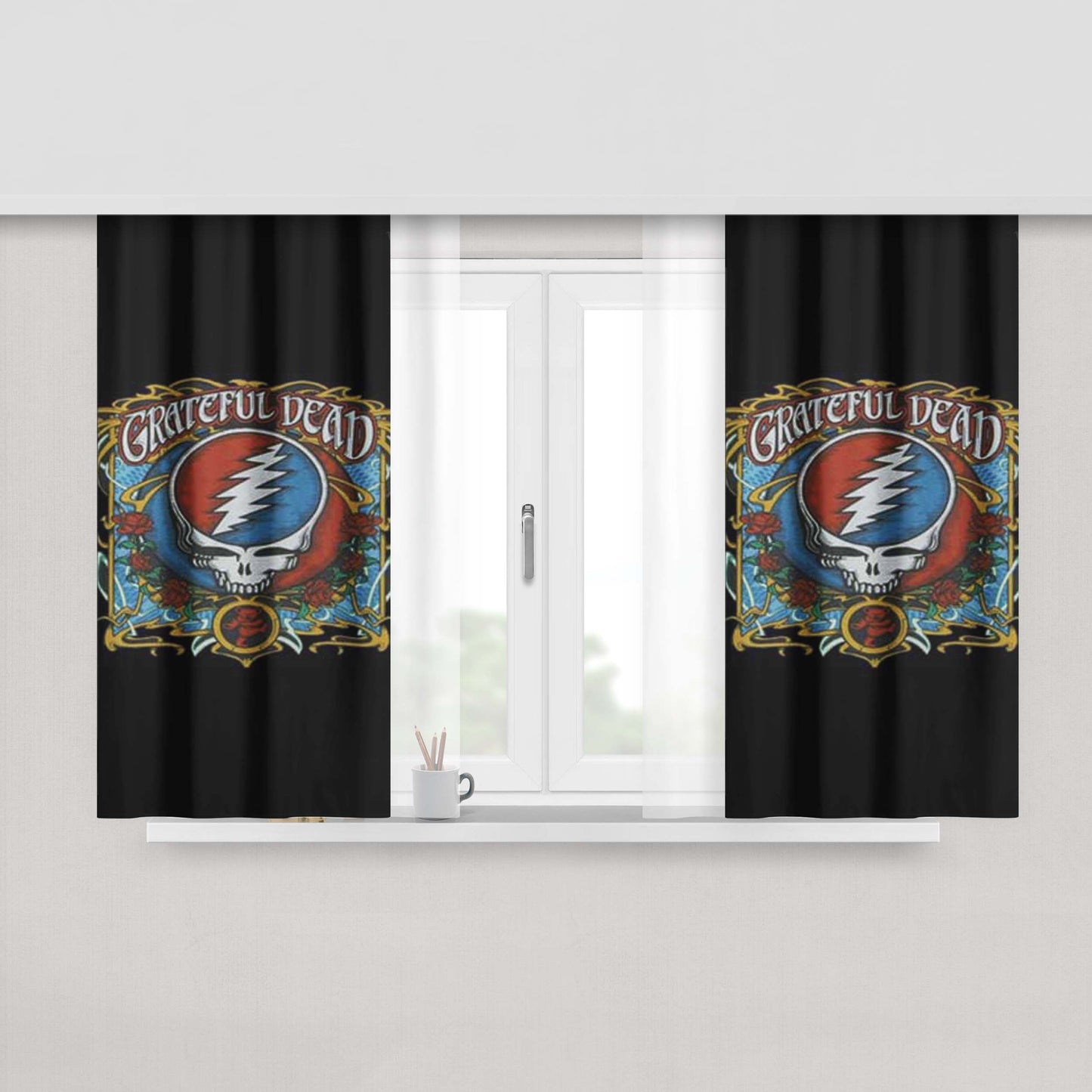 Grateful Dead Black Roses Peach Skin Window Curtains