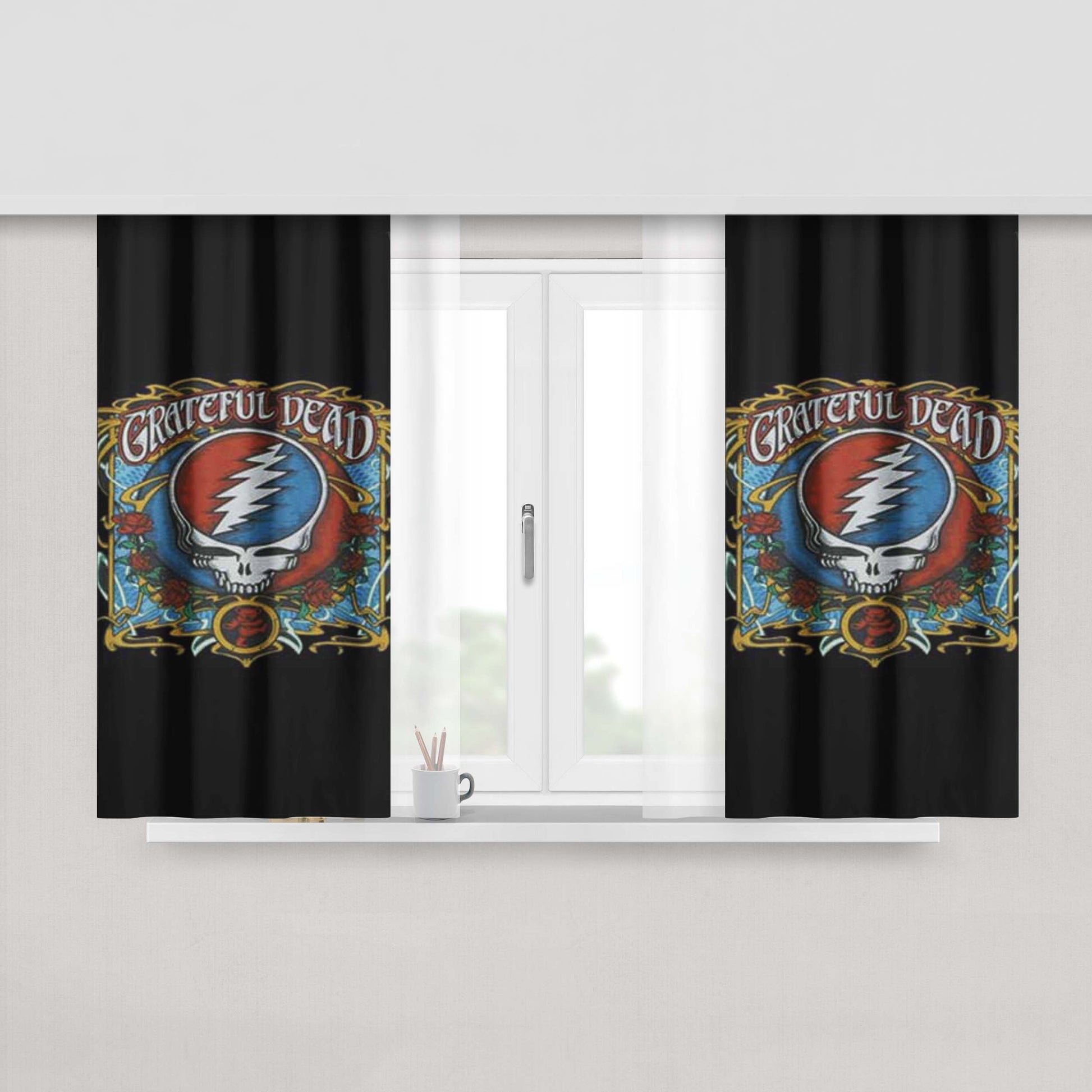 Grateful Dead Black Roses Peach Skin Window Curtains