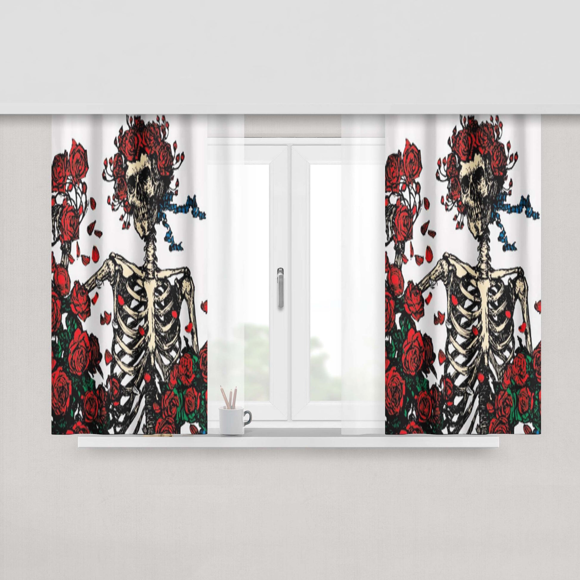 Grateful Dead Bones And Roses Peach Skin Window Curtains