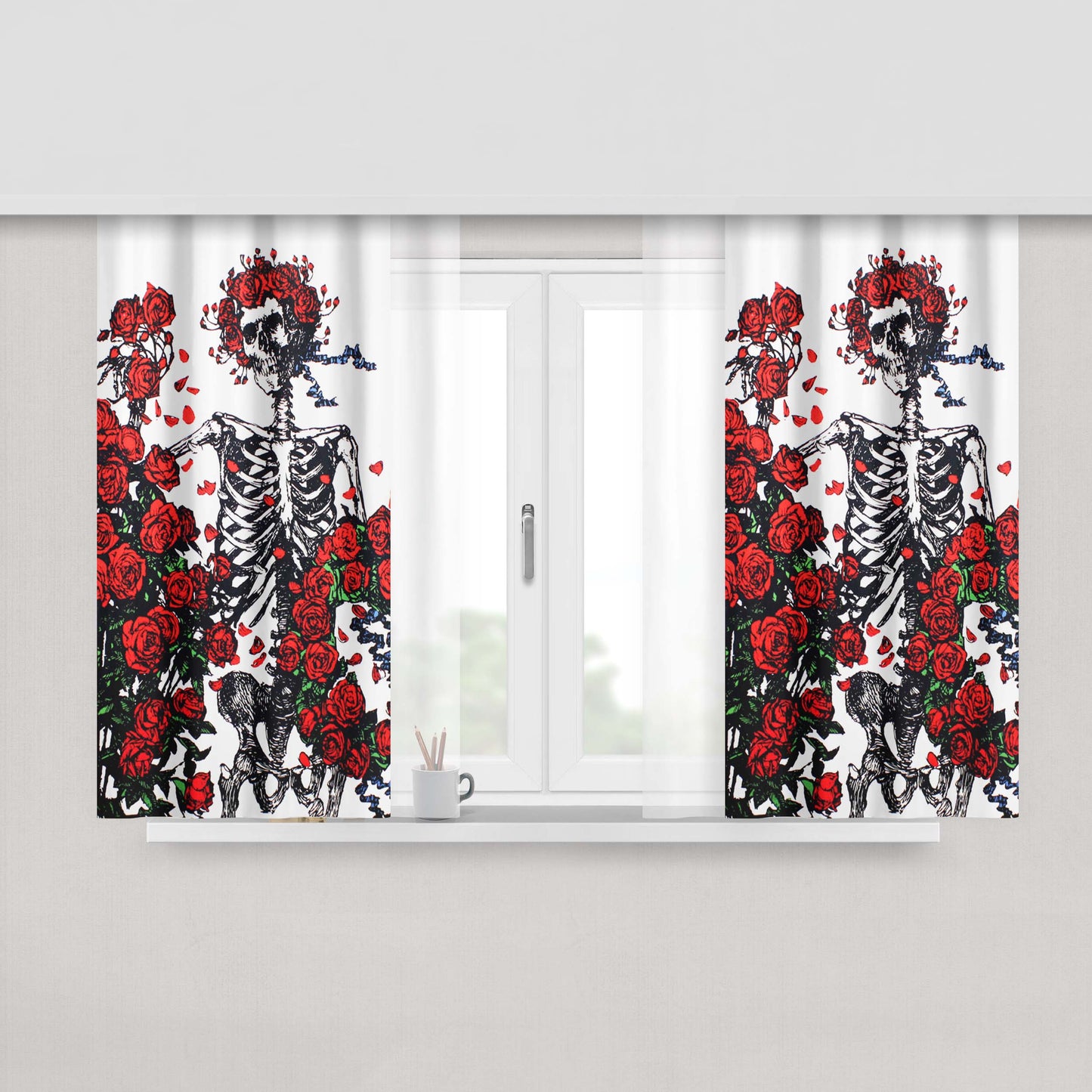 Grateful Dead Skeleton Bones And Roses Peach Skin Window Curtains