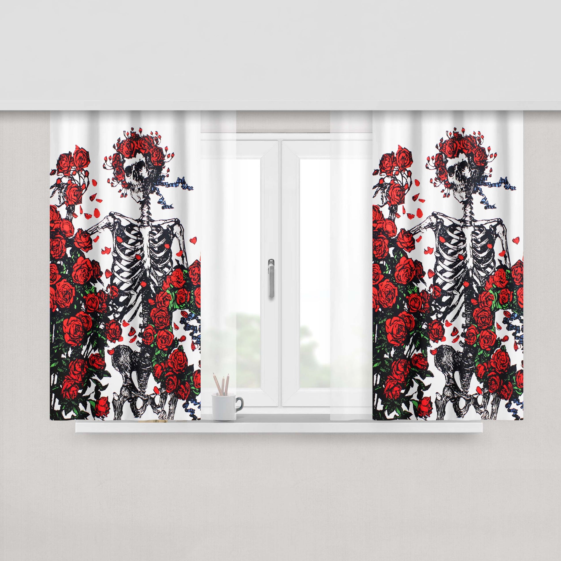 Grateful Dead Skeleton Bones And Roses Peach Skin Window Curtains