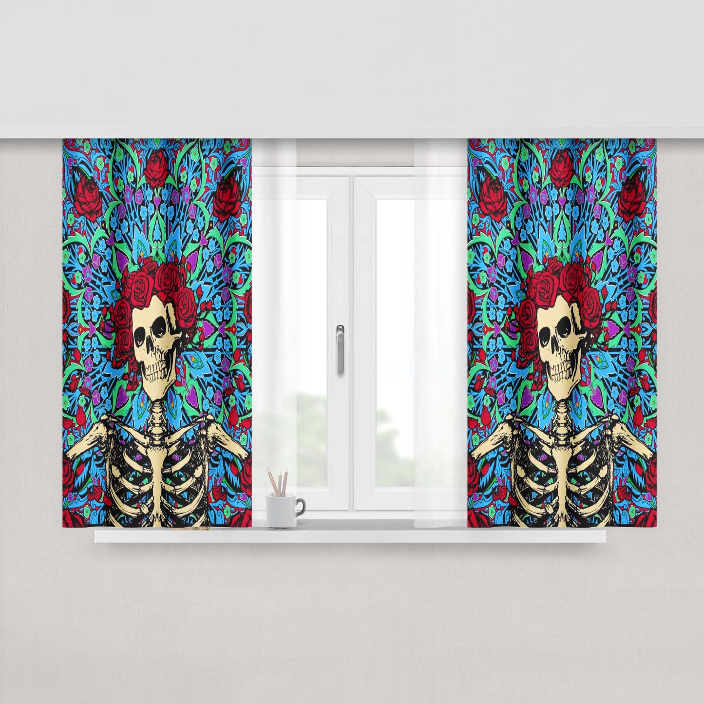 Grateful Dead Skeleton Roses Peach Skin Window Curtains
