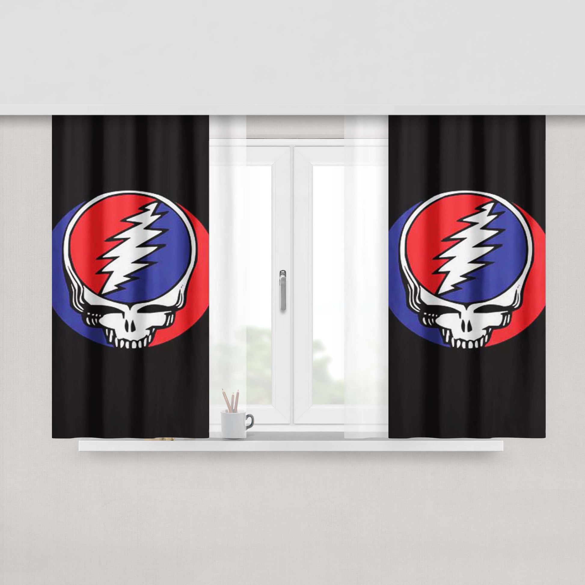 Grateful Dead Skull On Blk Peach Skin Window Curtains