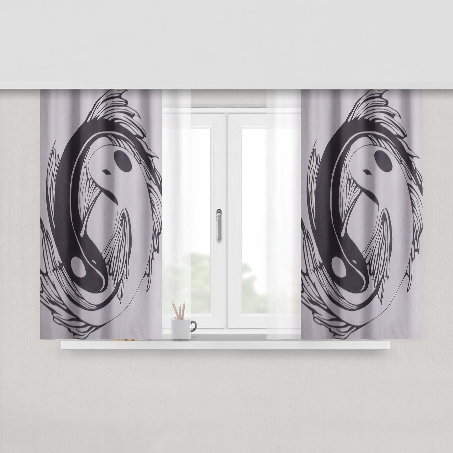 Gray And Black Yin Yang Koi Fish Peach Skin Window Curtains
