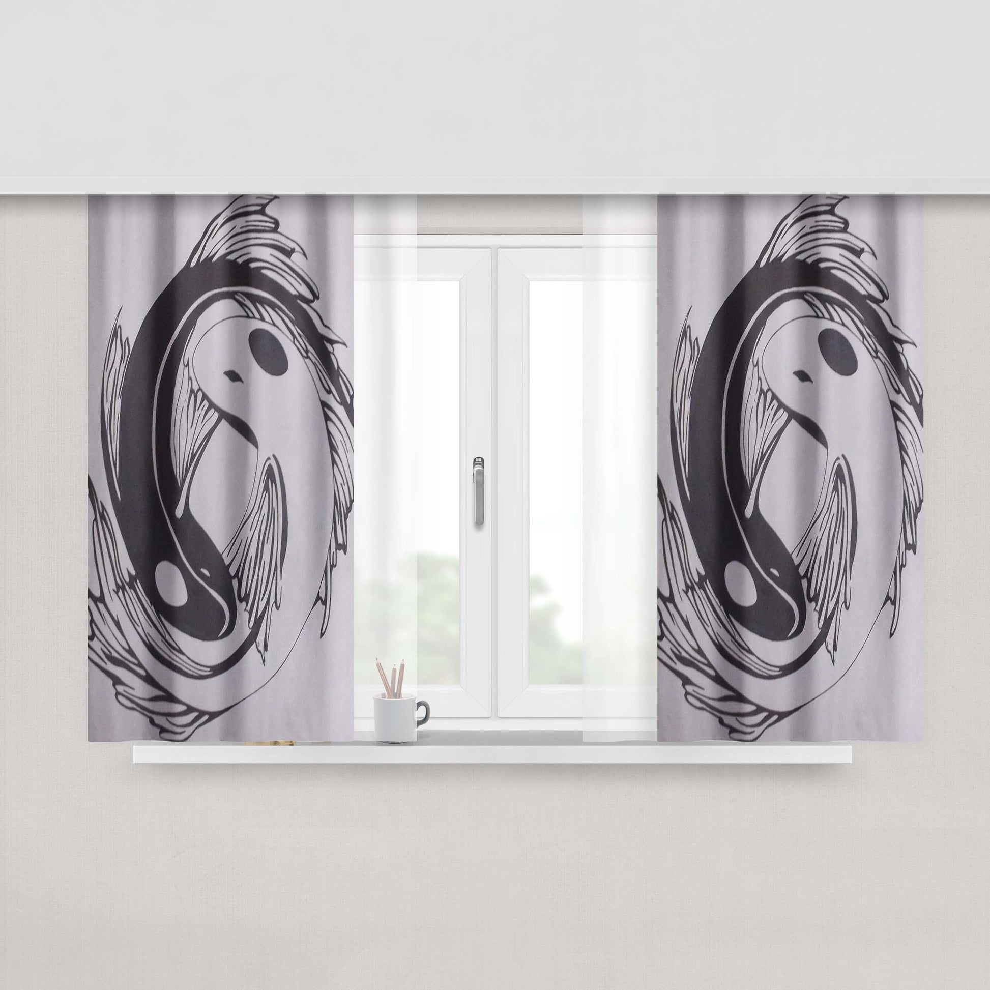 Gray And Black Yin Yang Koi Fish Peach Skin Window Curtains