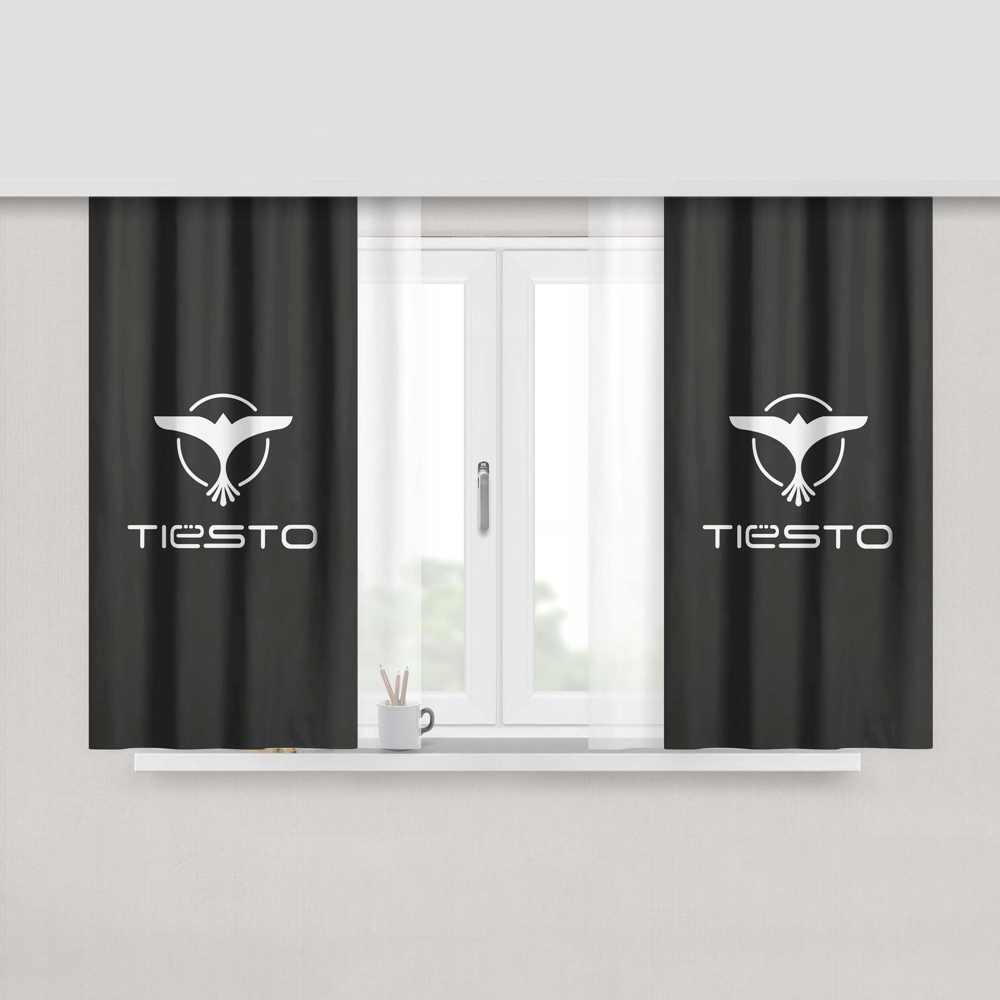 Gray White Tiesto Logo Wallpaper Peach Skin Window Curtains