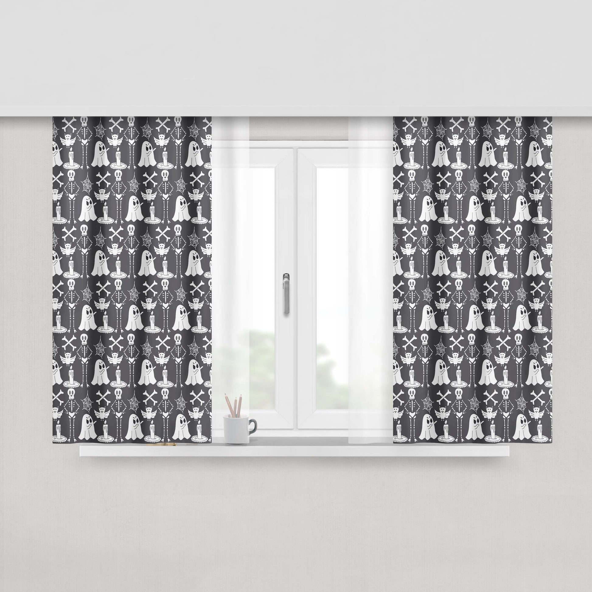 Grayscale Pattern Halloween Ghost Skeleton Art Prints Peach Skin Window Curtains