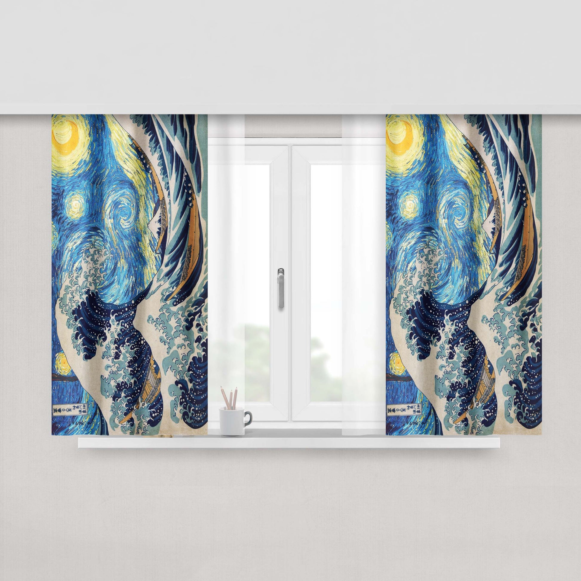 Great Wave Off Kanagawa Starry Night Van Gogh Peach Skin Window Curtains