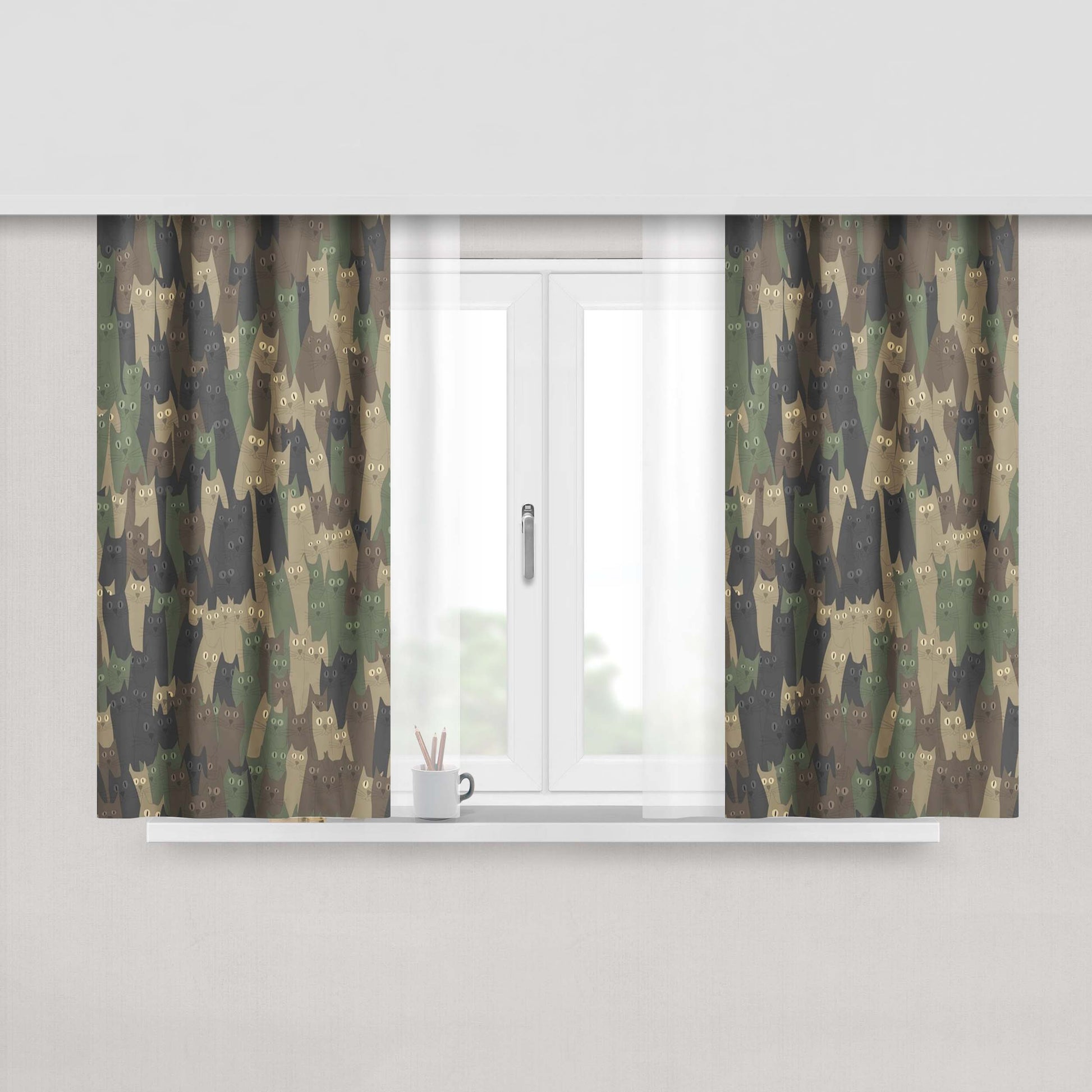 Green Camouflage Cats Doodle Peach Skin Window Curtains
