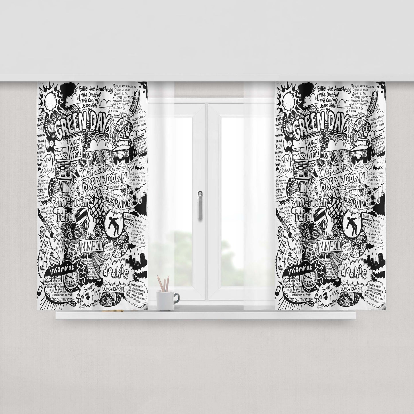 Green Day Quotes Doodle Art Peach Skin Window Curtains