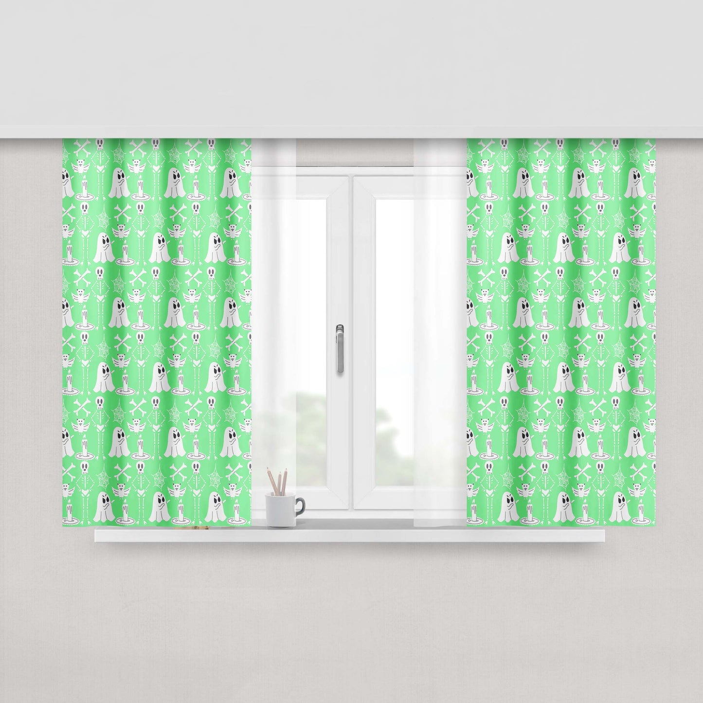 Green Pattern Halloween Ghost Skeleton Art Prints Peach Skin Window Curtains