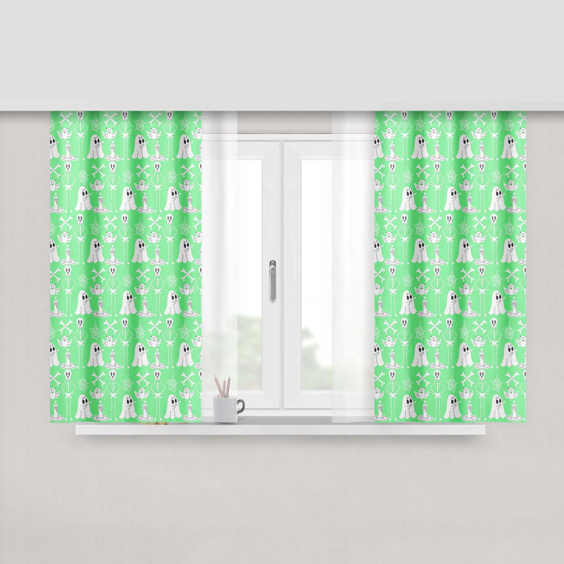 Green Pattern Halloween Ghost Skeleton Art Prints Peach Skin Window Curtains